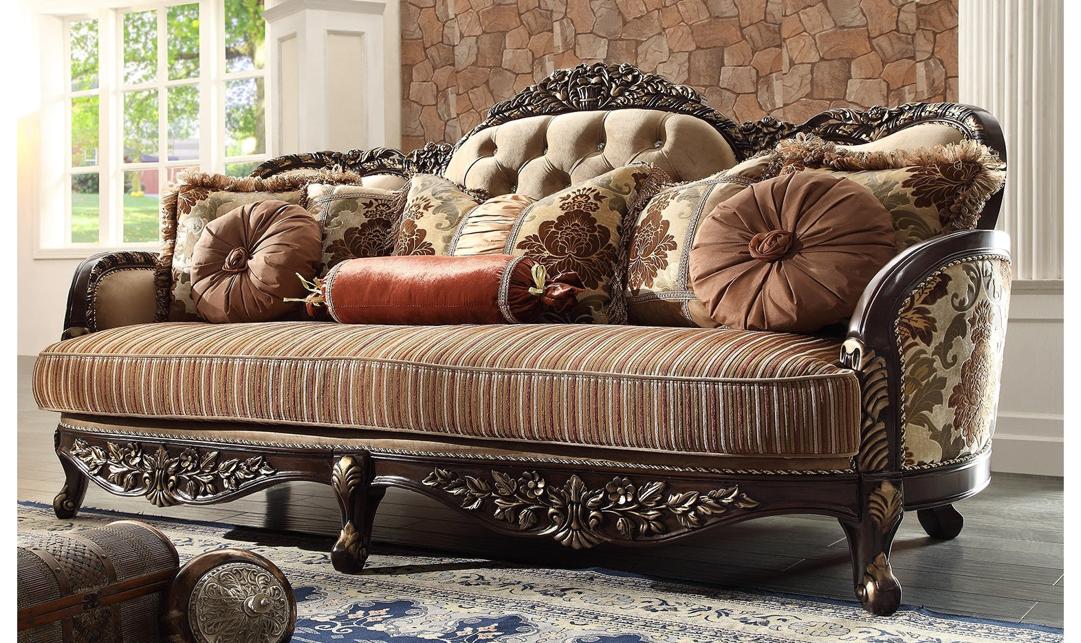 Sofa with Velvet Upholstery and Elegant Curved Arms