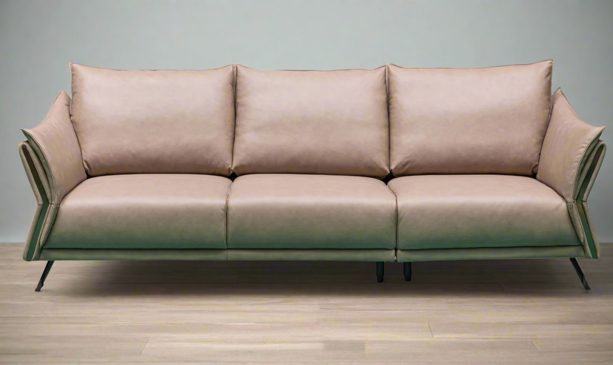 3-Seater Brown Leather Sofa with Attached Back Cushion