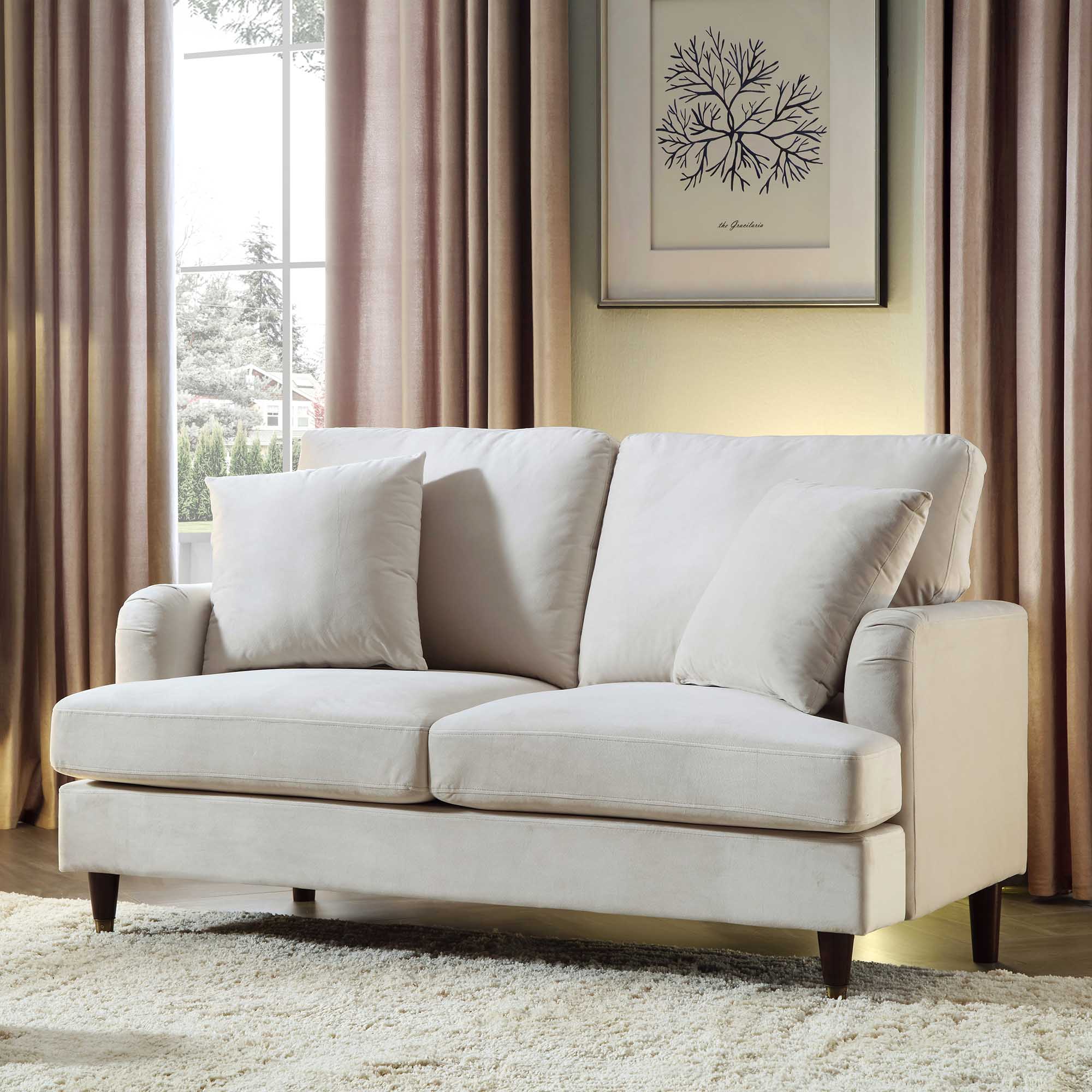 2-Seater Beige Velvet Sofa with Antique Brass Castor Legs