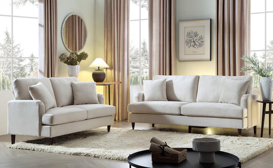 2-Seater Beige Velvet Sofa with Antique Brass Castor Legs
