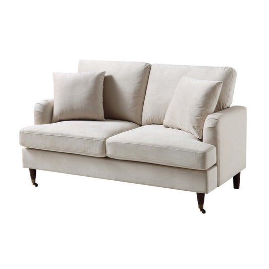 2-Seater Beige Velvet Sofa with Antique Brass Castor Legs
