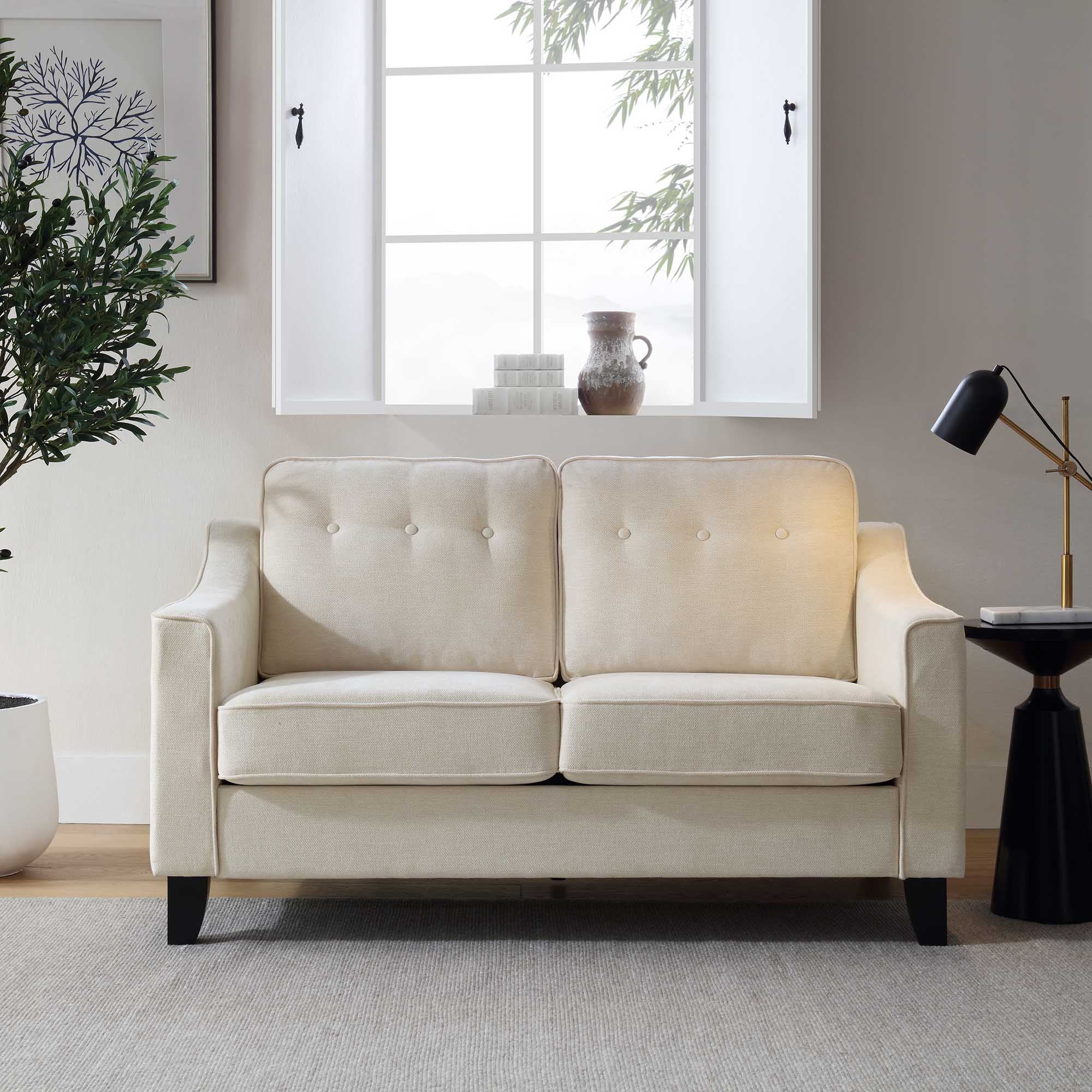 2-Seater Beige Woven Fabric Sofa with Slope Arms