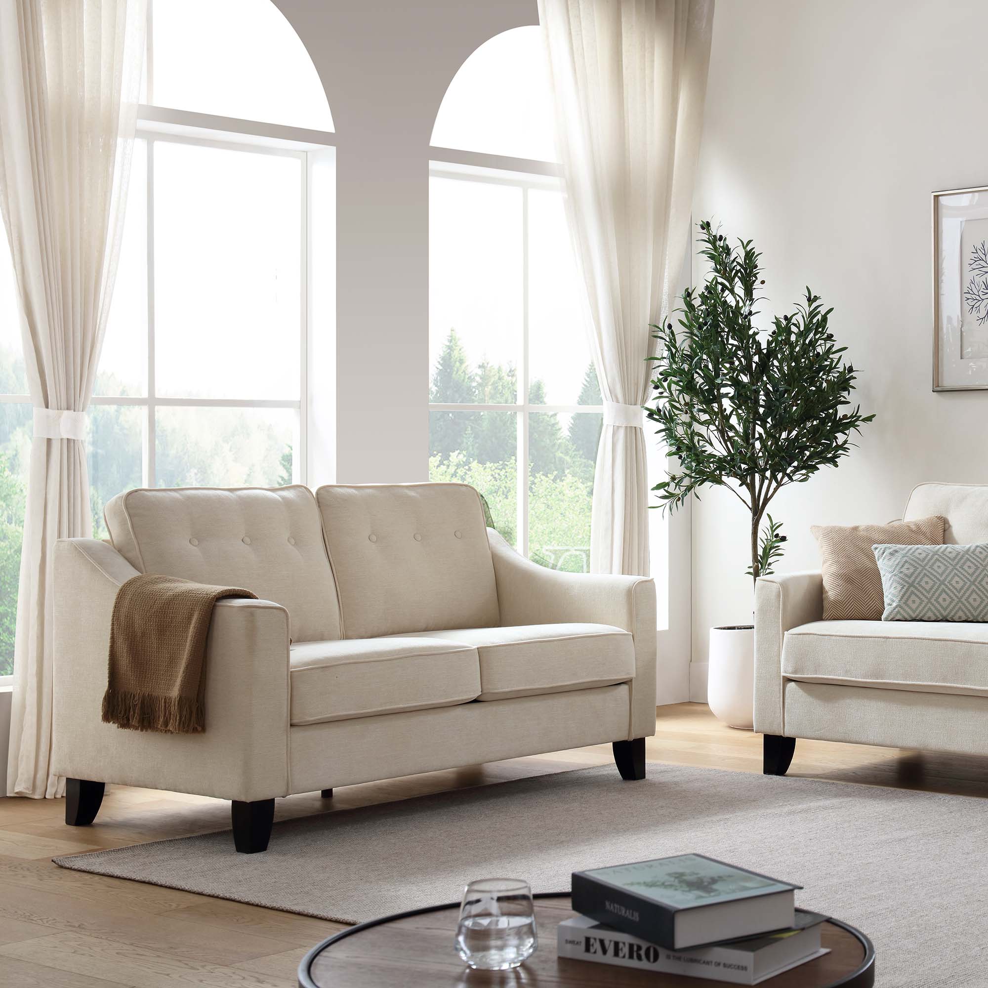 2-Seater Beige Woven Fabric Sofa with Slope Arms