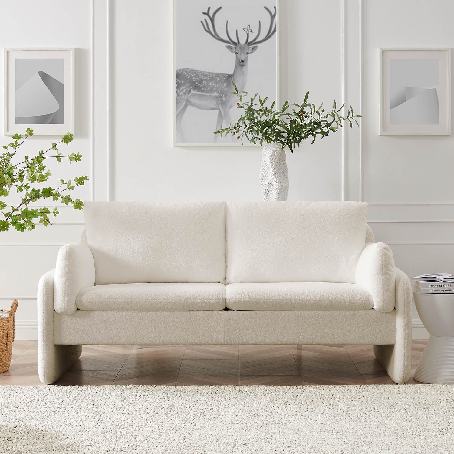 2-Seater Boucle Sofa in Ecru with Curved Arms