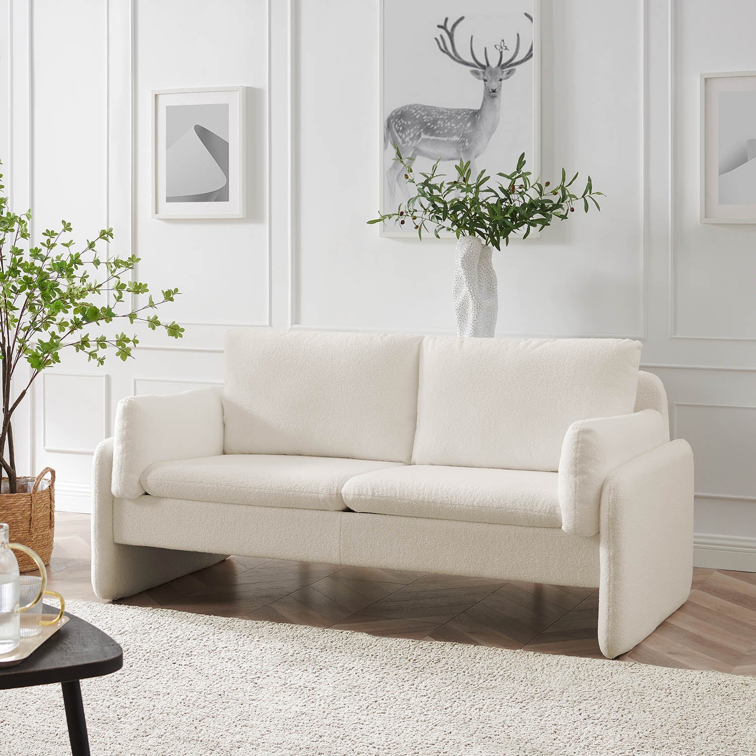 2-Seater Boucle Sofa in Ecru with Curved Arms