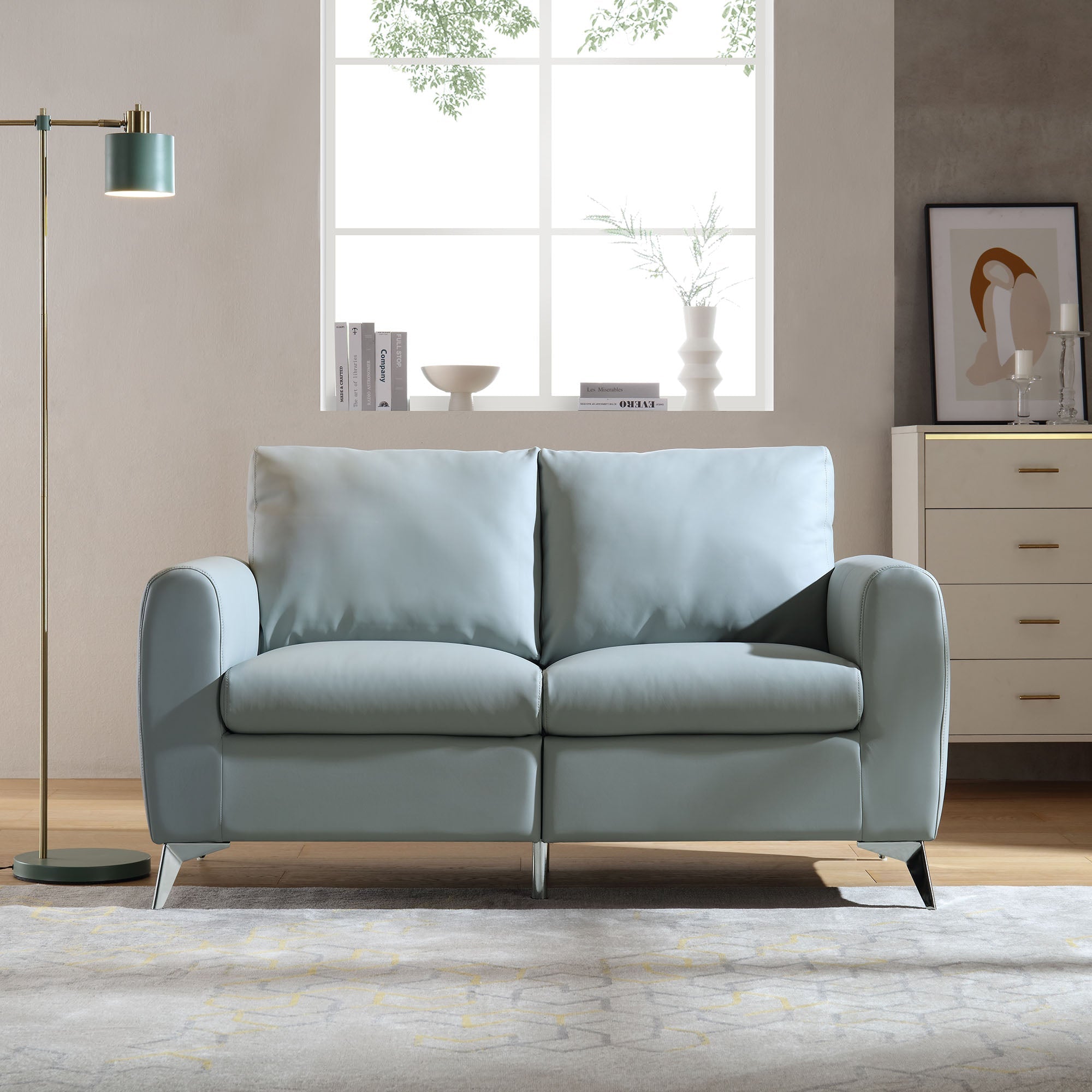 2-Seater Grey Faux Leather Sofa with Chrome Legs