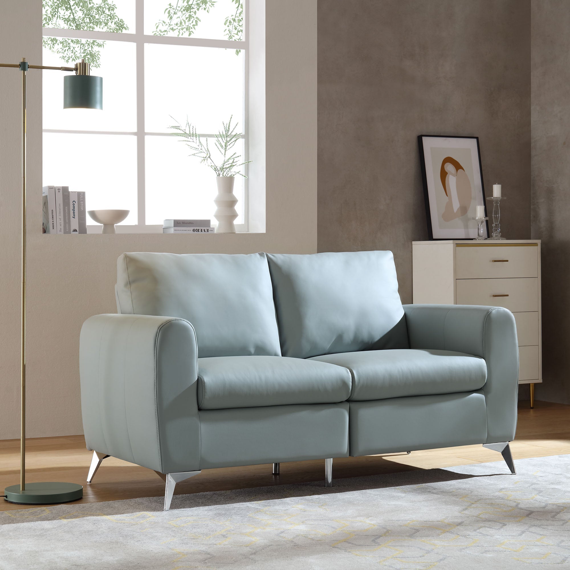 2-Seater Grey Faux Leather Sofa with Chrome Legs