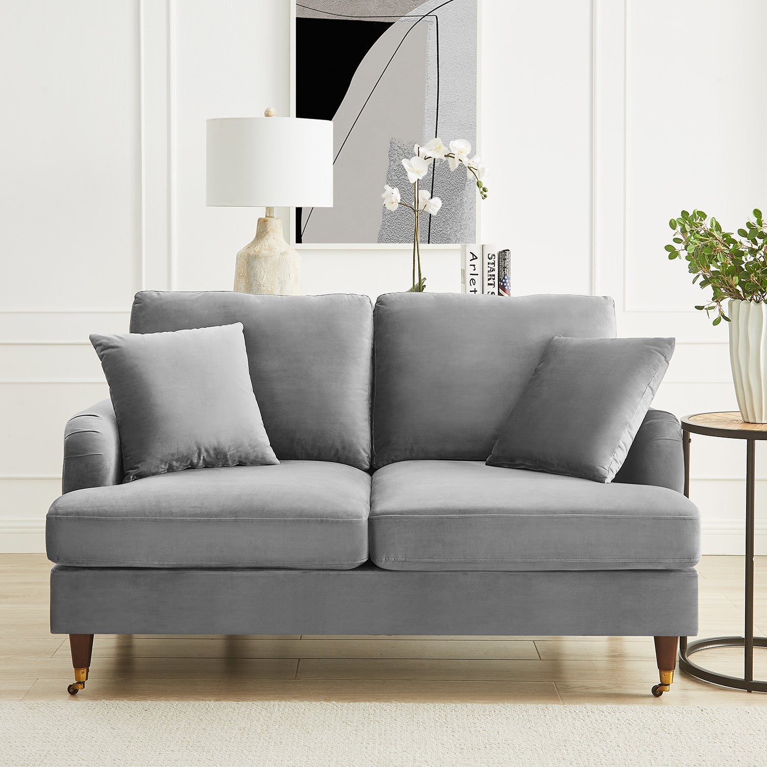 2-Seater Grey Velvet Sofa with Antique Brass Legs