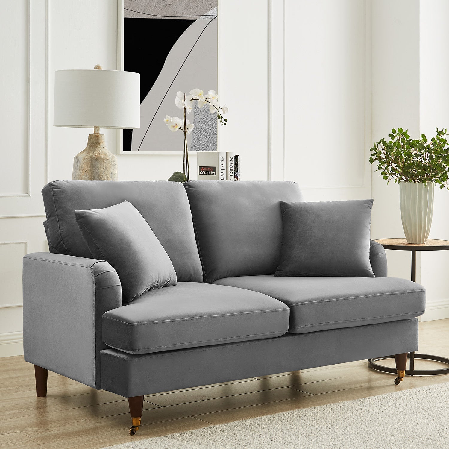 2-Seater Grey Velvet Sofa with Antique Brass Legs