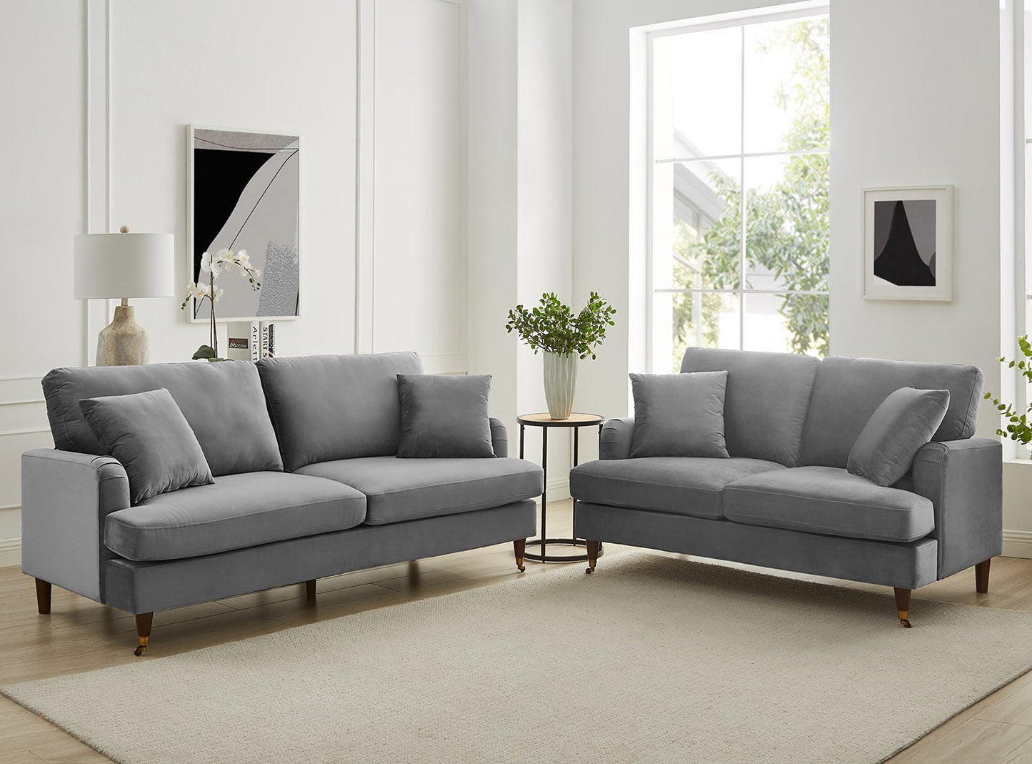 2-Seater Grey Velvet Sofa with Antique Brass Legs