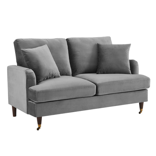 2-Seater Grey Velvet Sofa with Antique Brass Legs