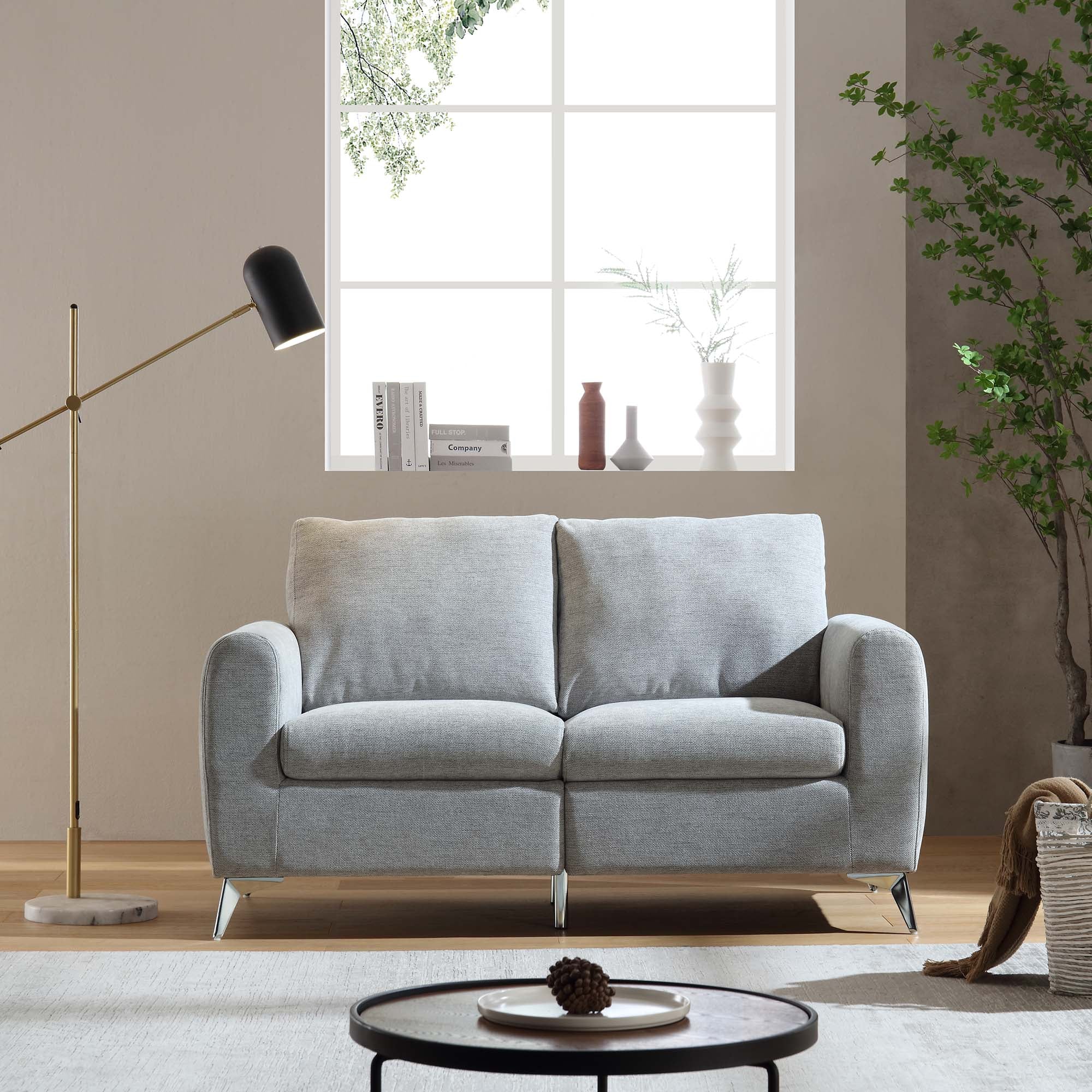 2-Seater Grey Woven Fabric Sofa with Chrome Legs