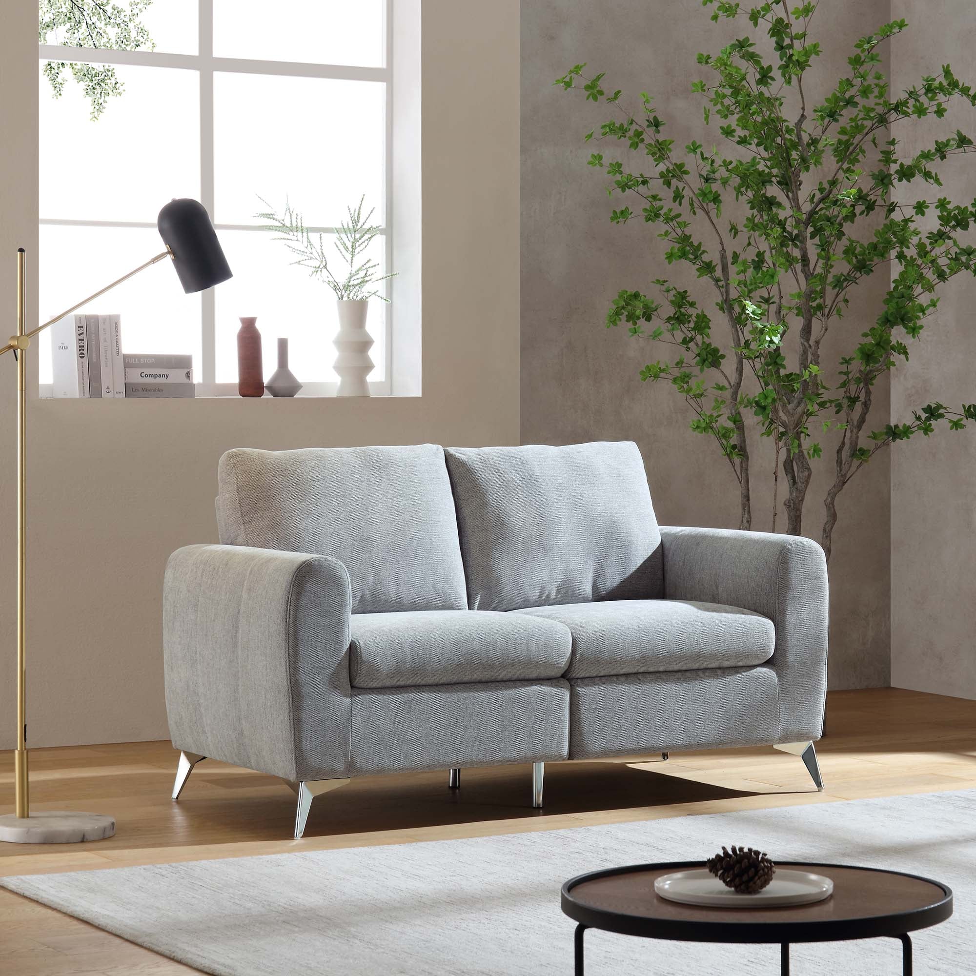 2-Seater Grey Woven Fabric Sofa with Chrome Legs