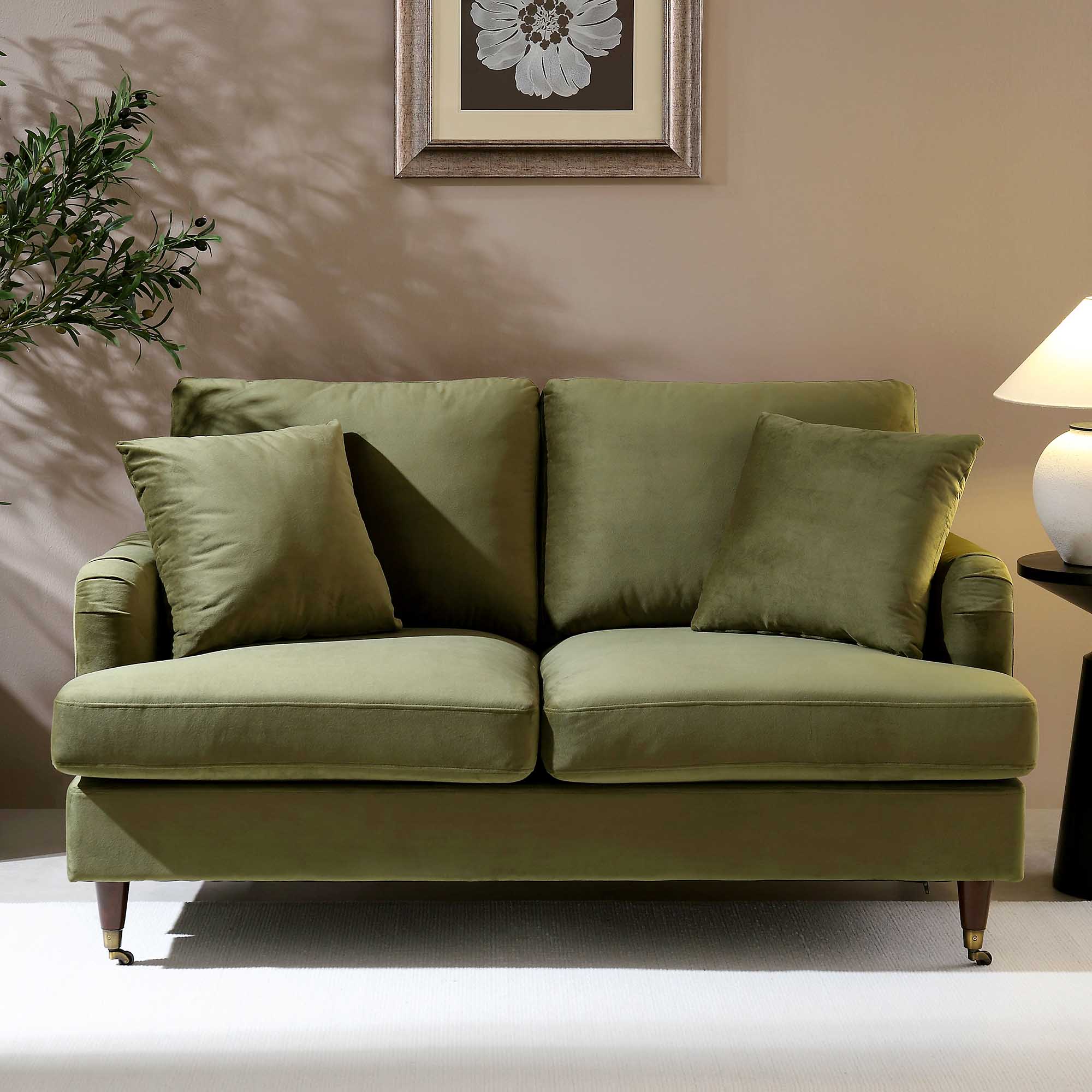 2-Seater Olive Green Velvet Sofa with Antique Brass Legs