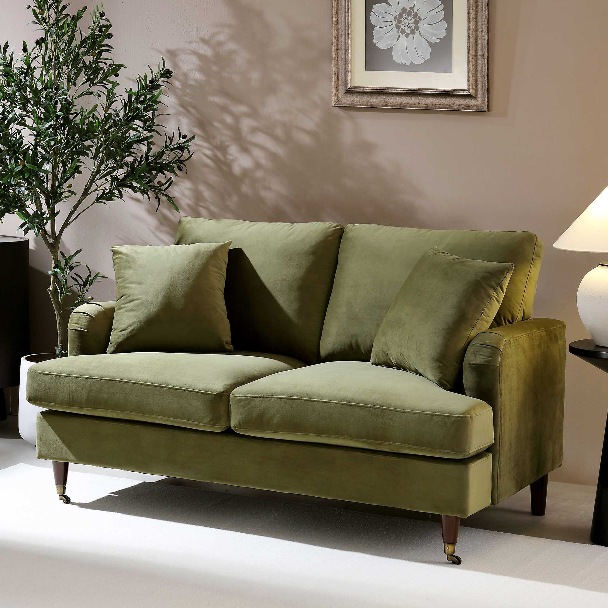 2-Seater Olive Green Velvet Sofa with Antique Brass Legs