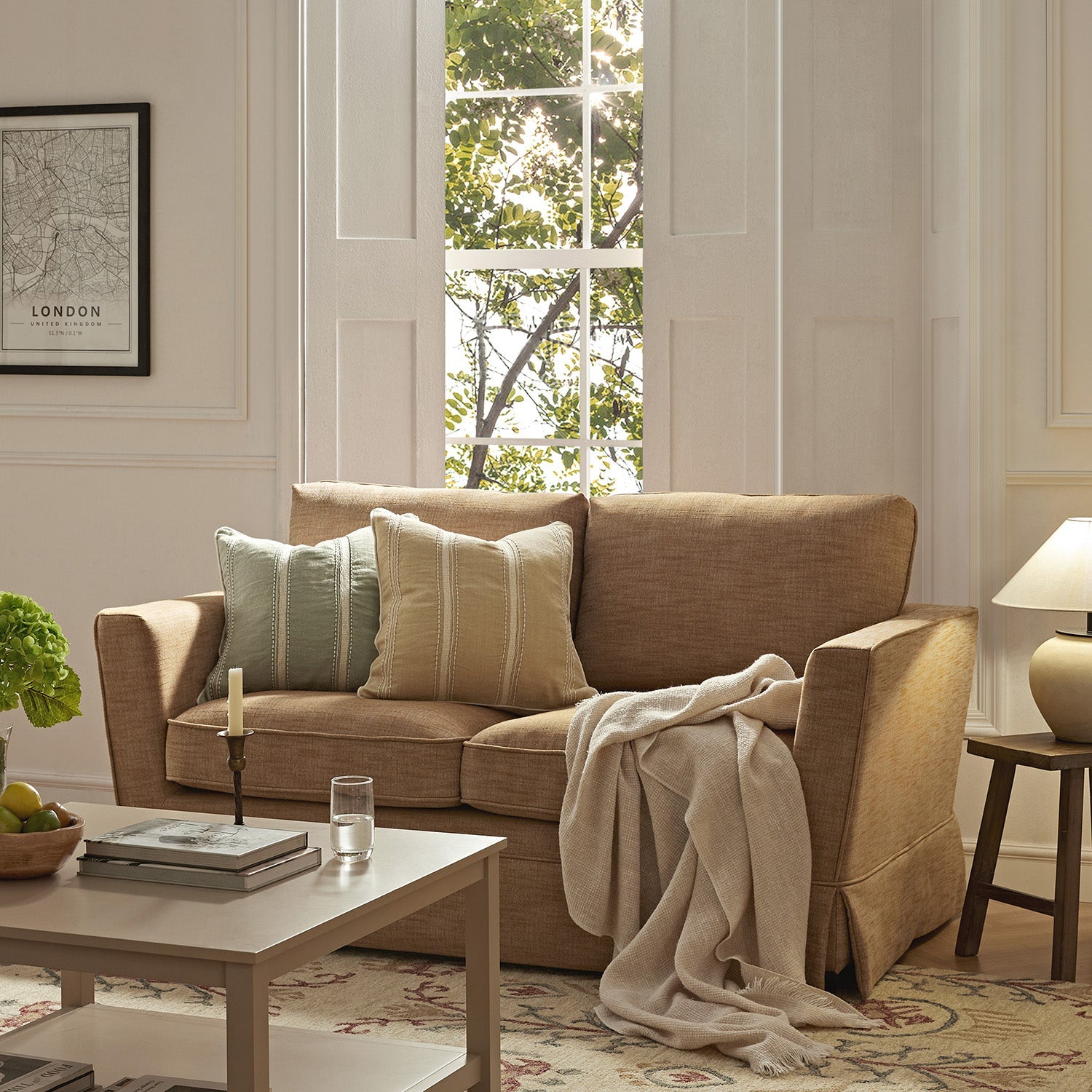 2-Seater Sofa in Apricot Linen Blend with Skirted Design