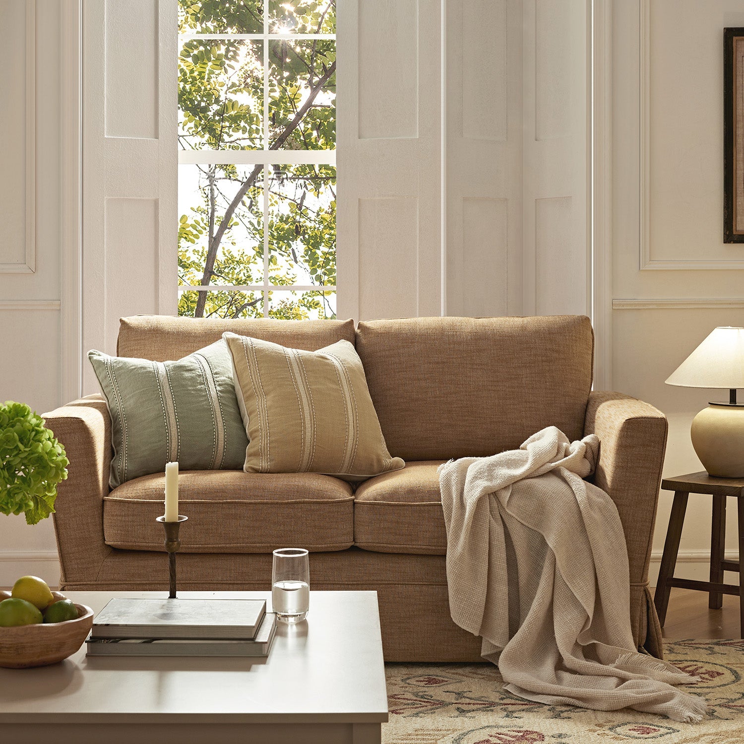 2-Seater Sofa in Apricot Linen Blend with Skirted Design