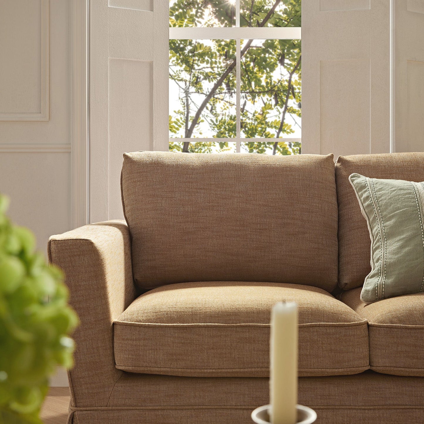 2-Seater Sofa in Apricot Linen Blend with Skirted Design