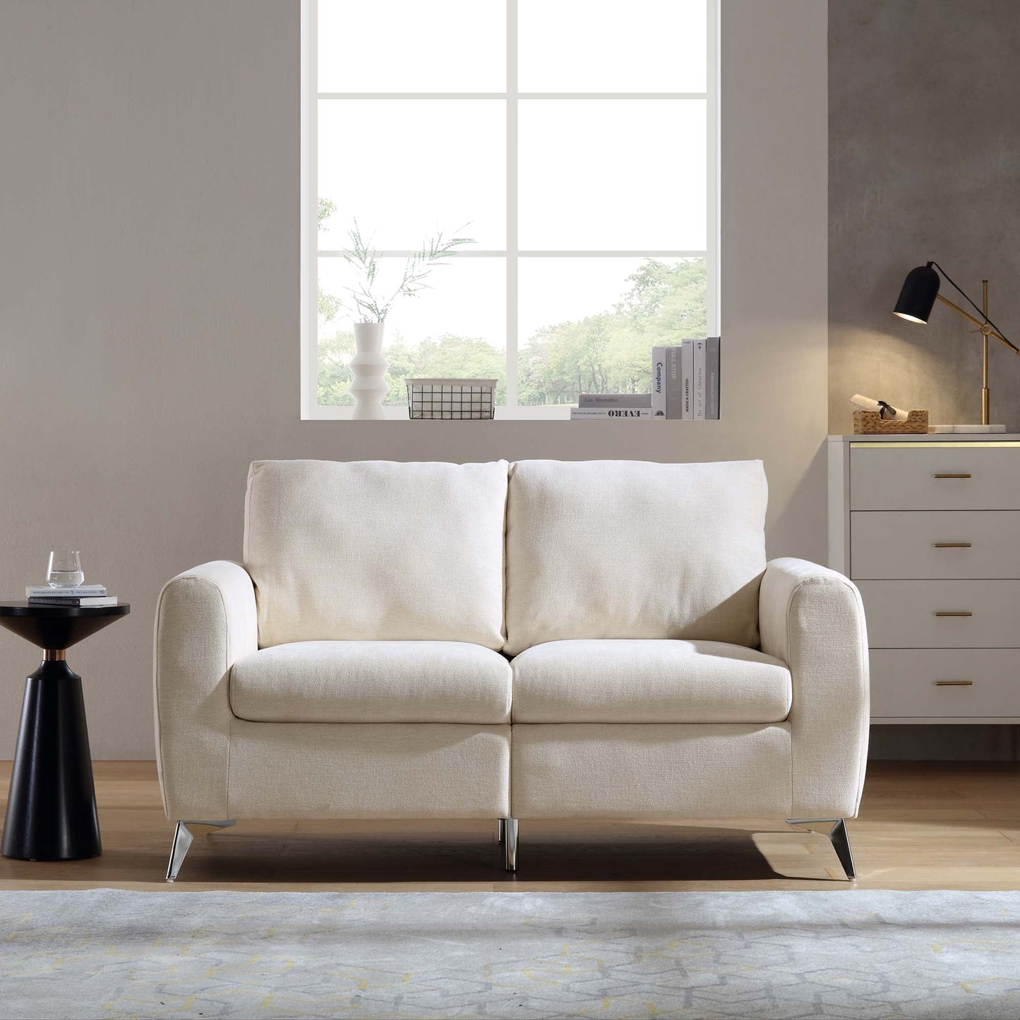 2-Seater Sofa in Beige Woven Fabric with Chrome Legs