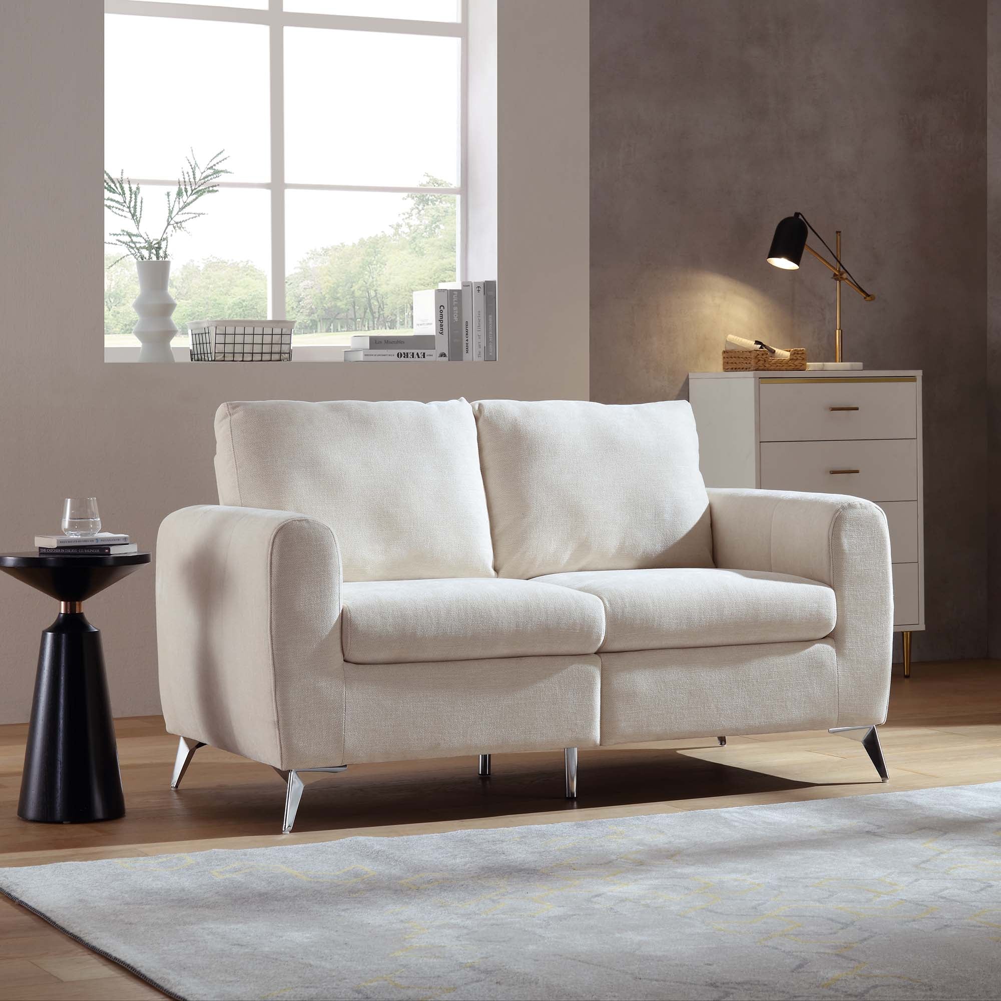 2-Seater Sofa in Beige Woven Fabric with Chrome Legs