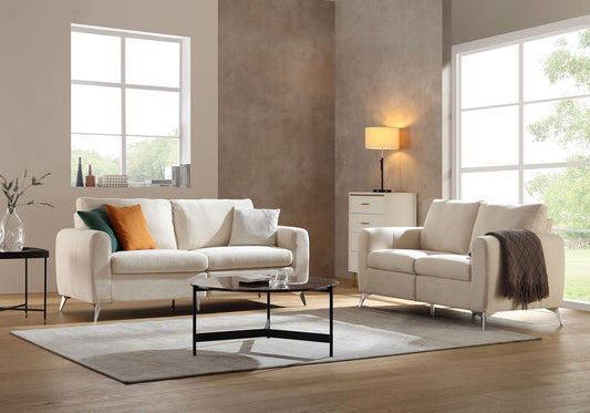 2-Seater Sofa in Beige Woven Fabric with Chrome Legs