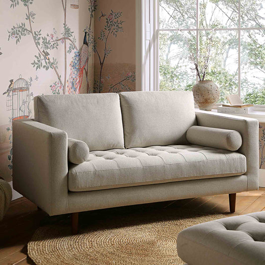 2-Seater Sofa in Beige Woven Fabric with Rounded Arms
