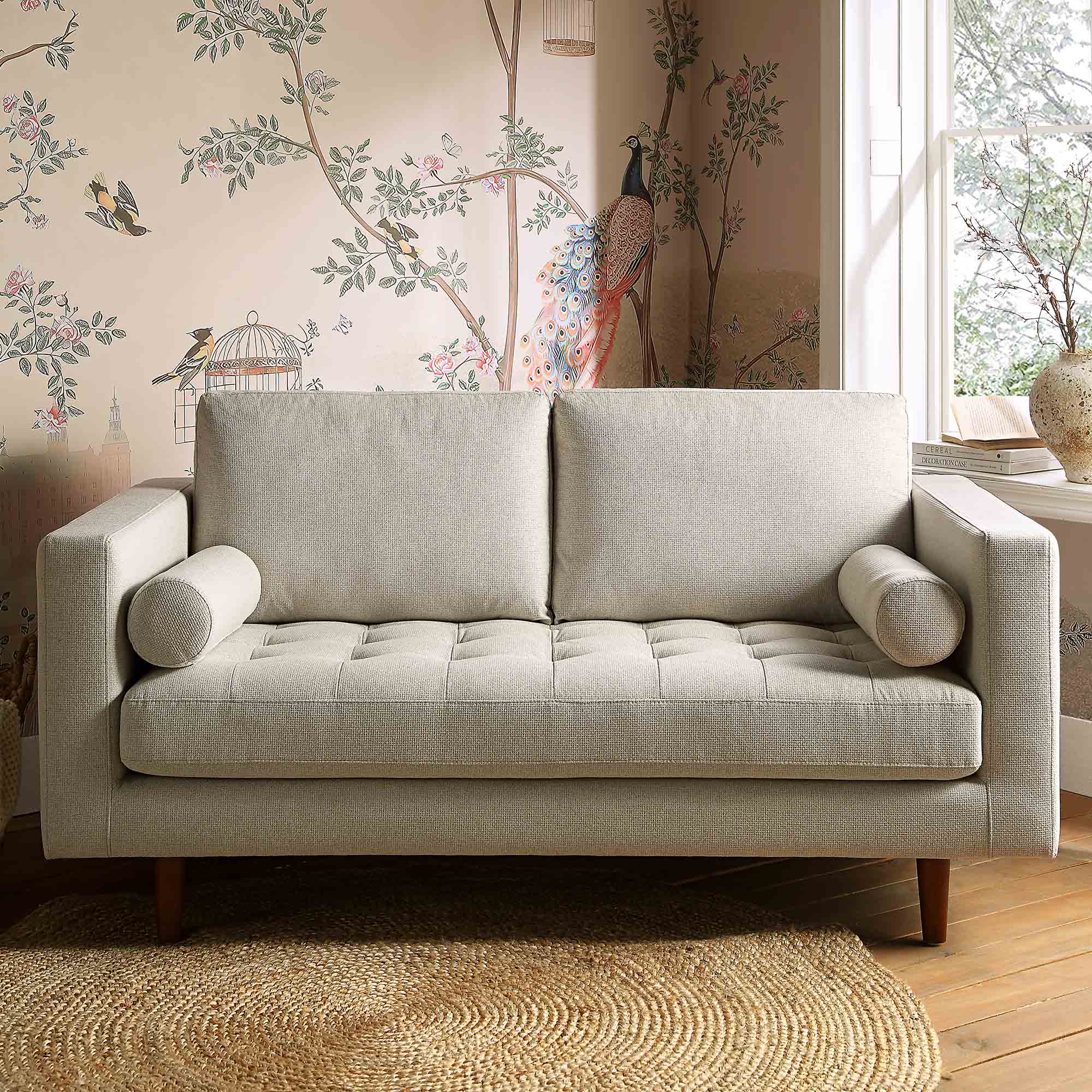2-Seater Sofa in Beige Woven Fabric with Rounded Arms