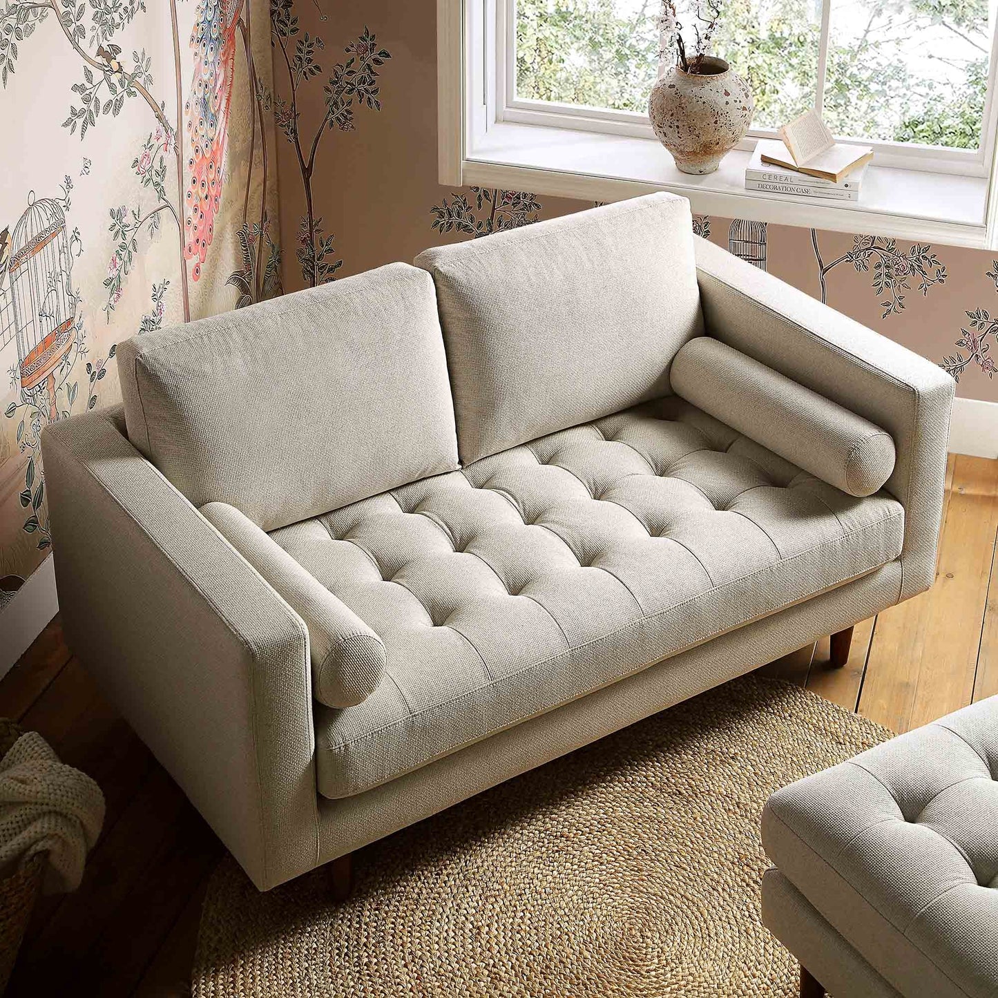 2-Seater Sofa in Beige Woven Fabric with Rounded Arms
