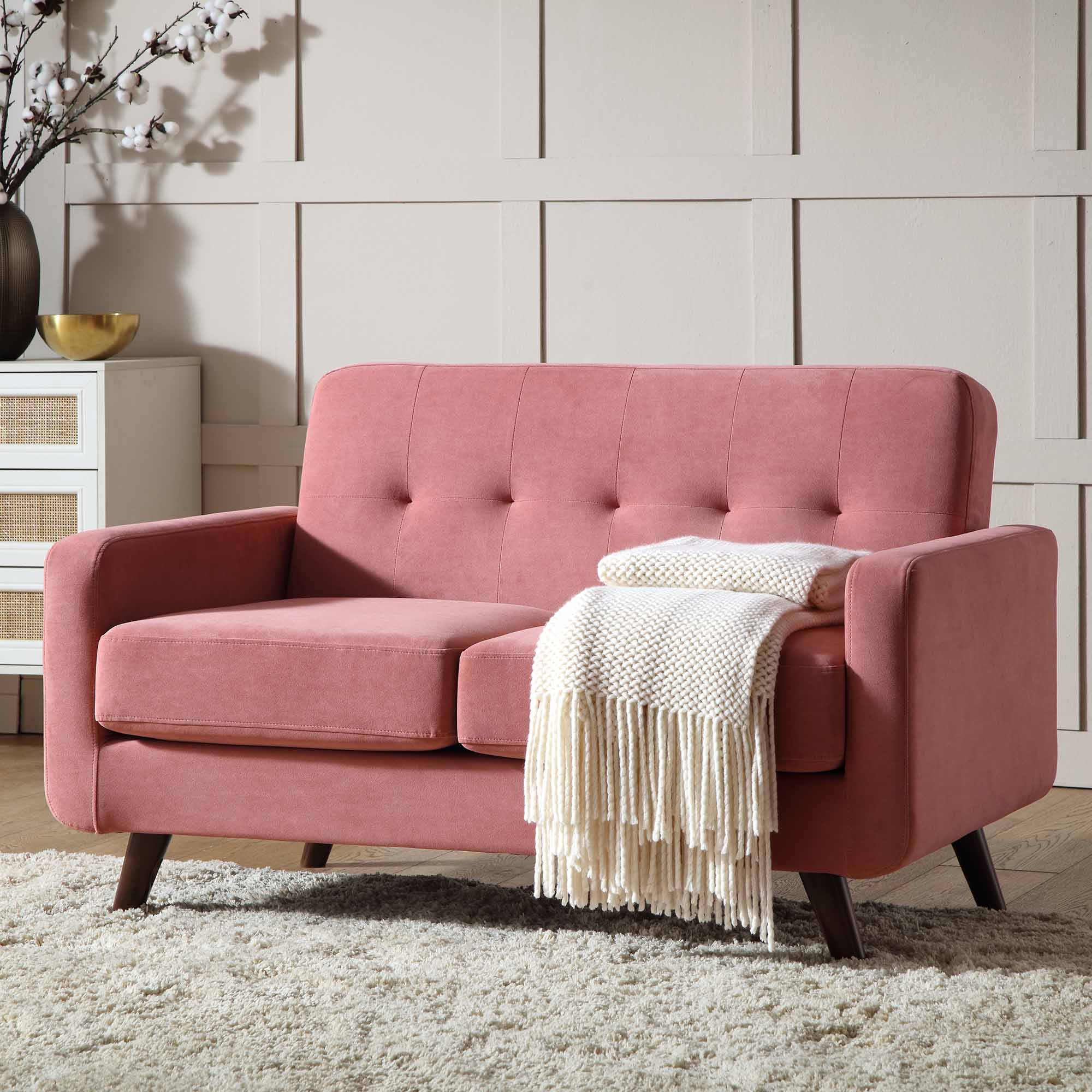 2-Seater Sofa in Blush Pink Velvet with Curved Arms