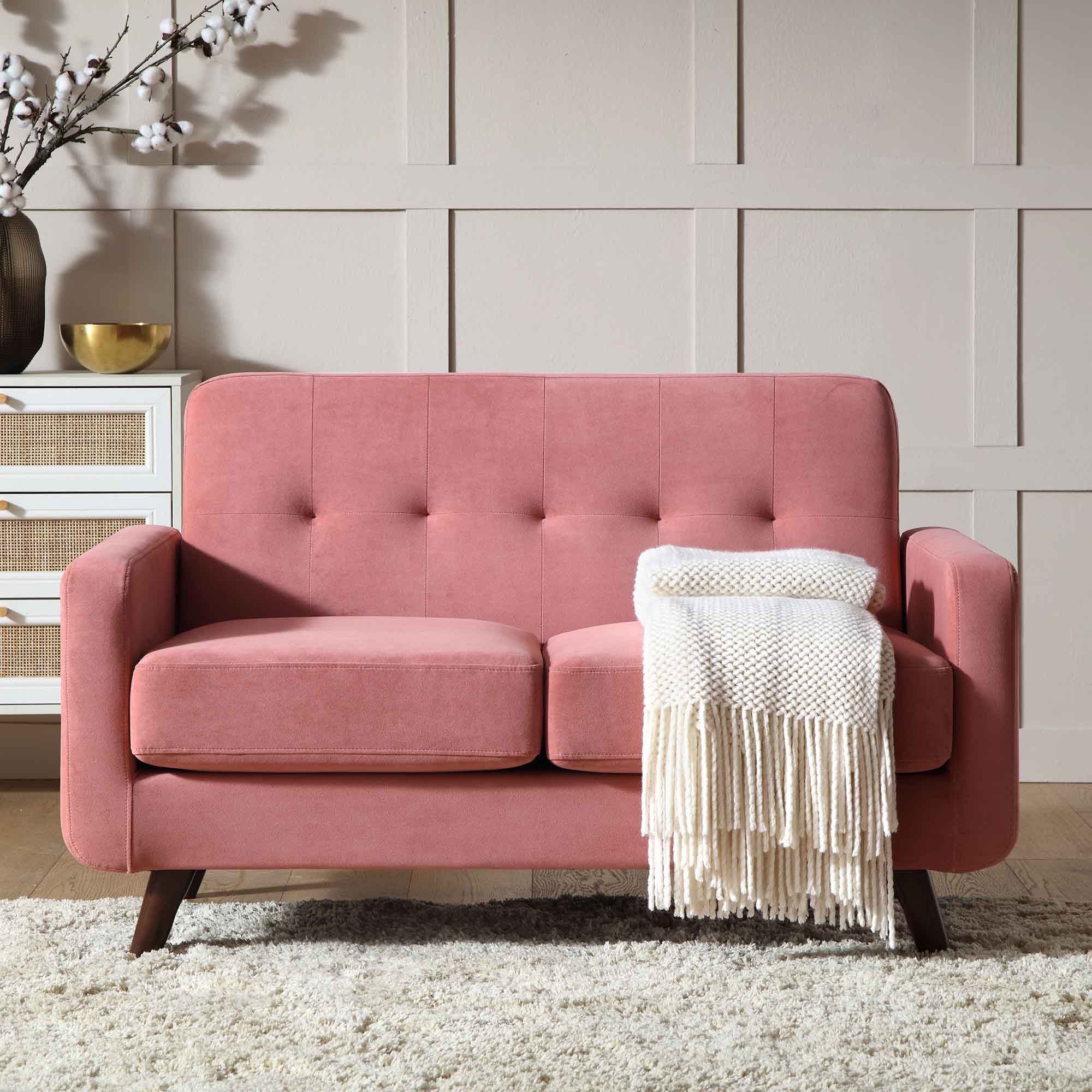 2-Seater Sofa in Blush Pink Velvet with Curved Arms