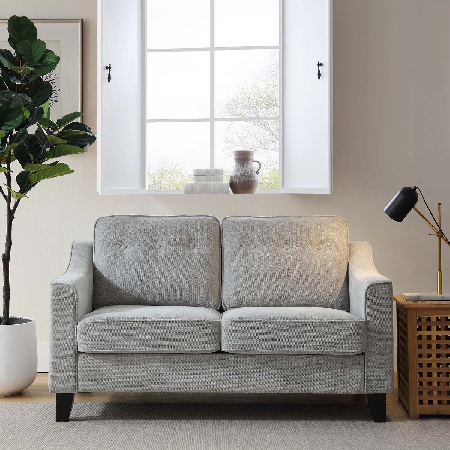 2-Seater Sofa in Grey Woven Fabric with Slope Arms