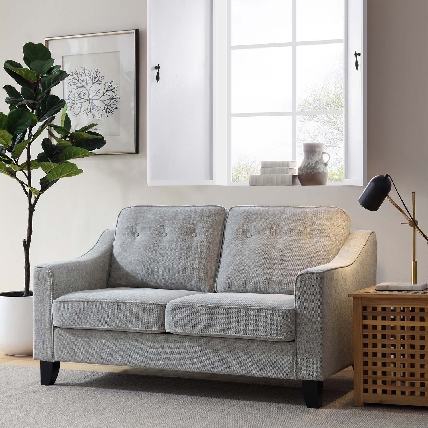 2-Seater Sofa in Grey Woven Fabric with Slope Arms