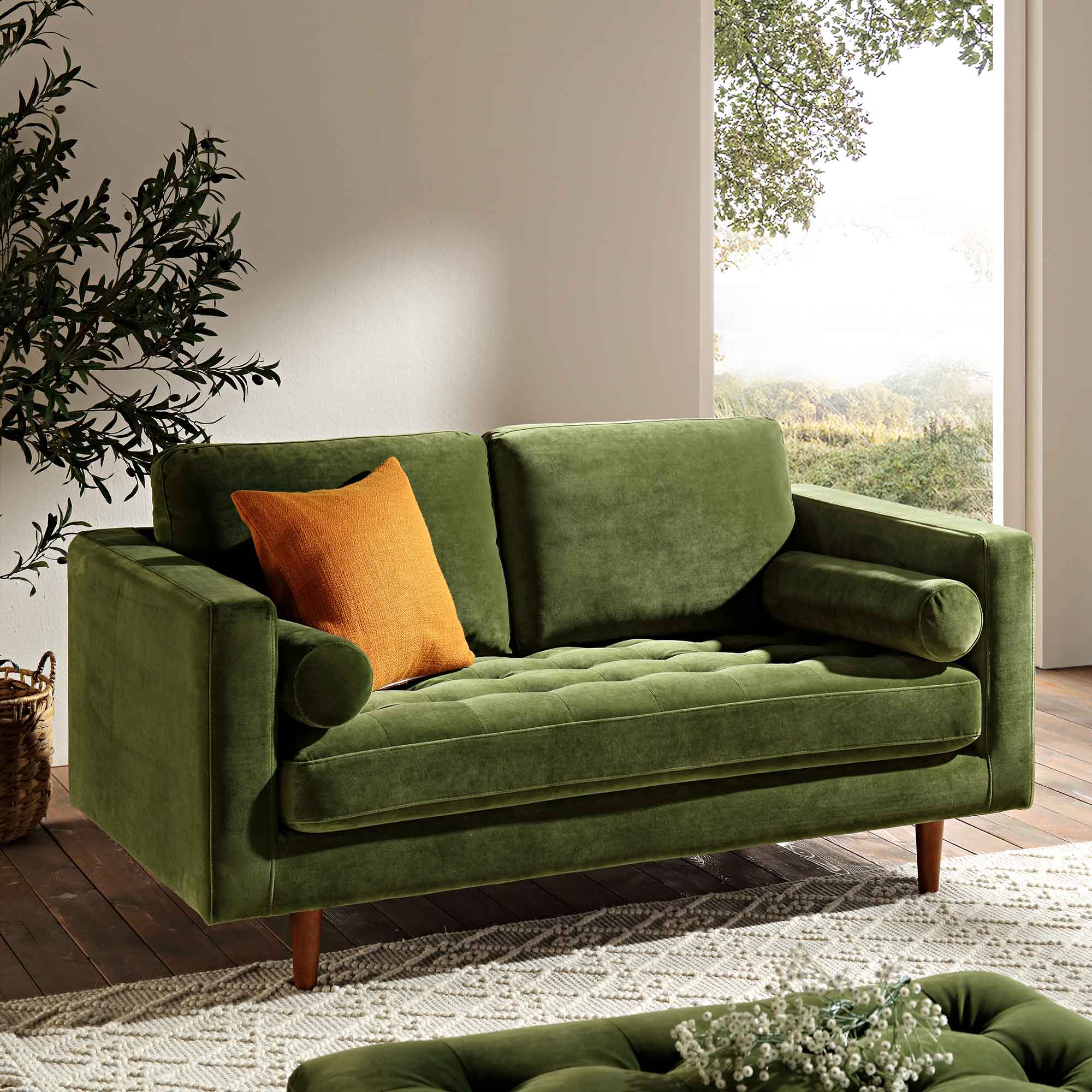 2-Seater Sofa in Moss Green Velvet with Elegant Design