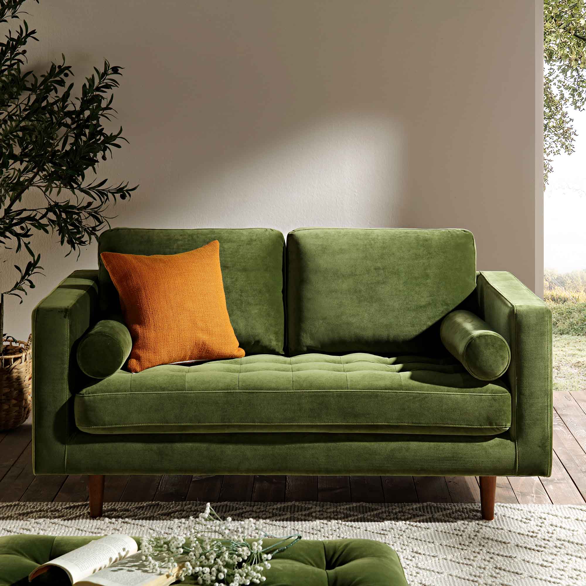 2-Seater Sofa in Moss Green Velvet with Elegant Design