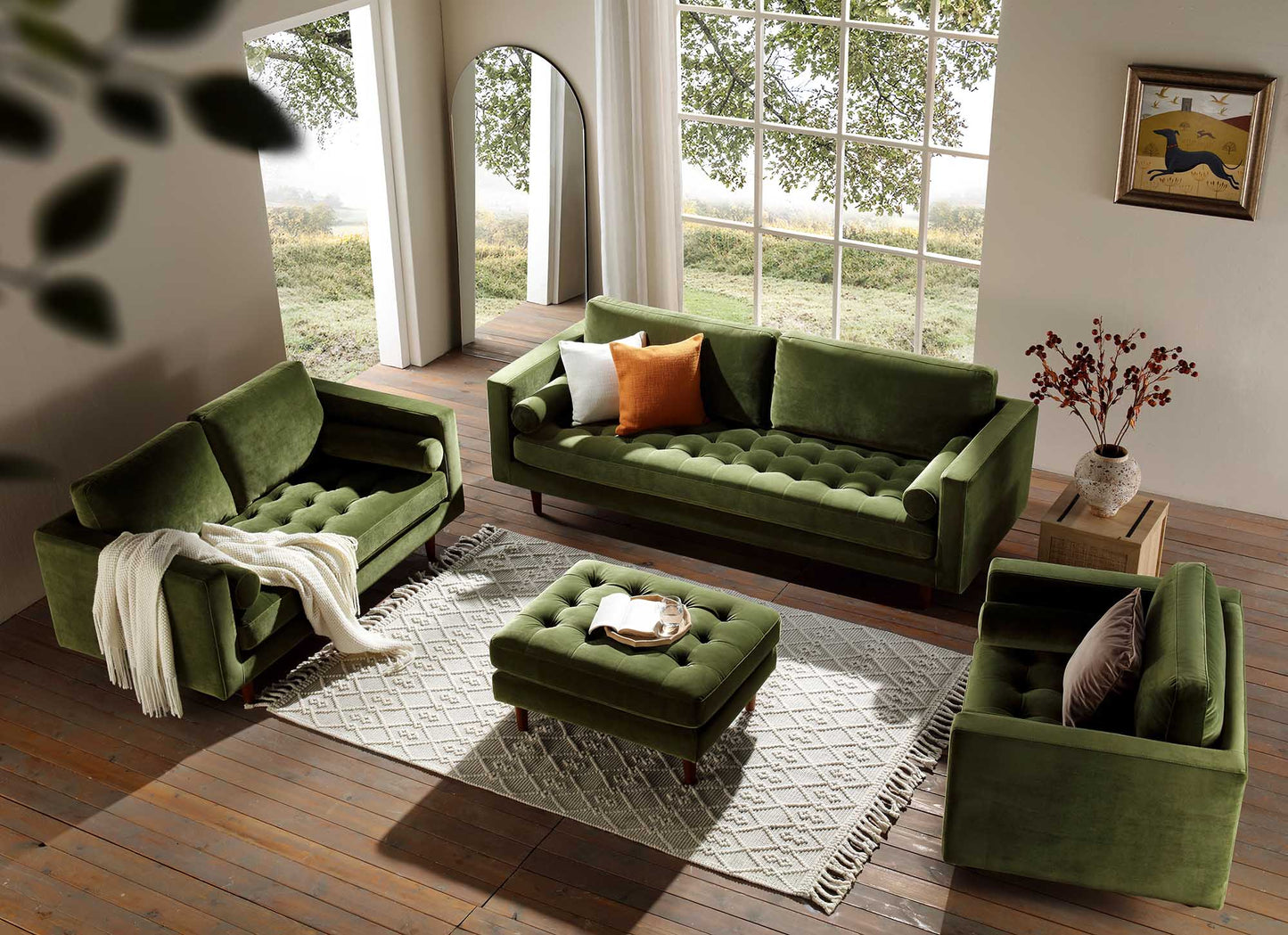 2-Seater Sofa in Moss Green Velvet with Elegant Design