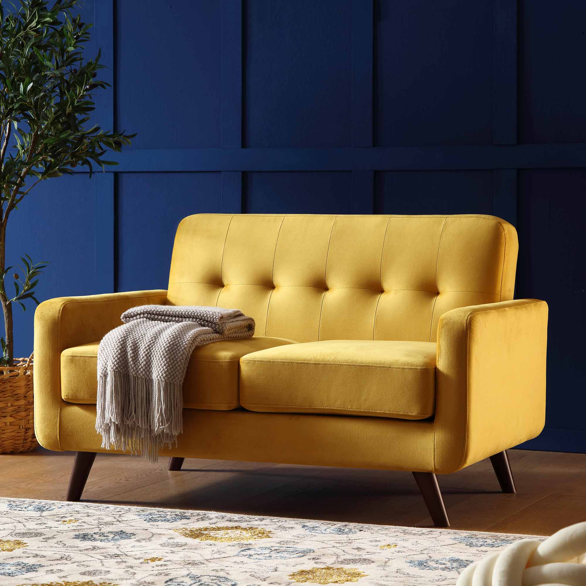 2-Seater Sofa in Mustard Yellow Velvet with Tufted Back