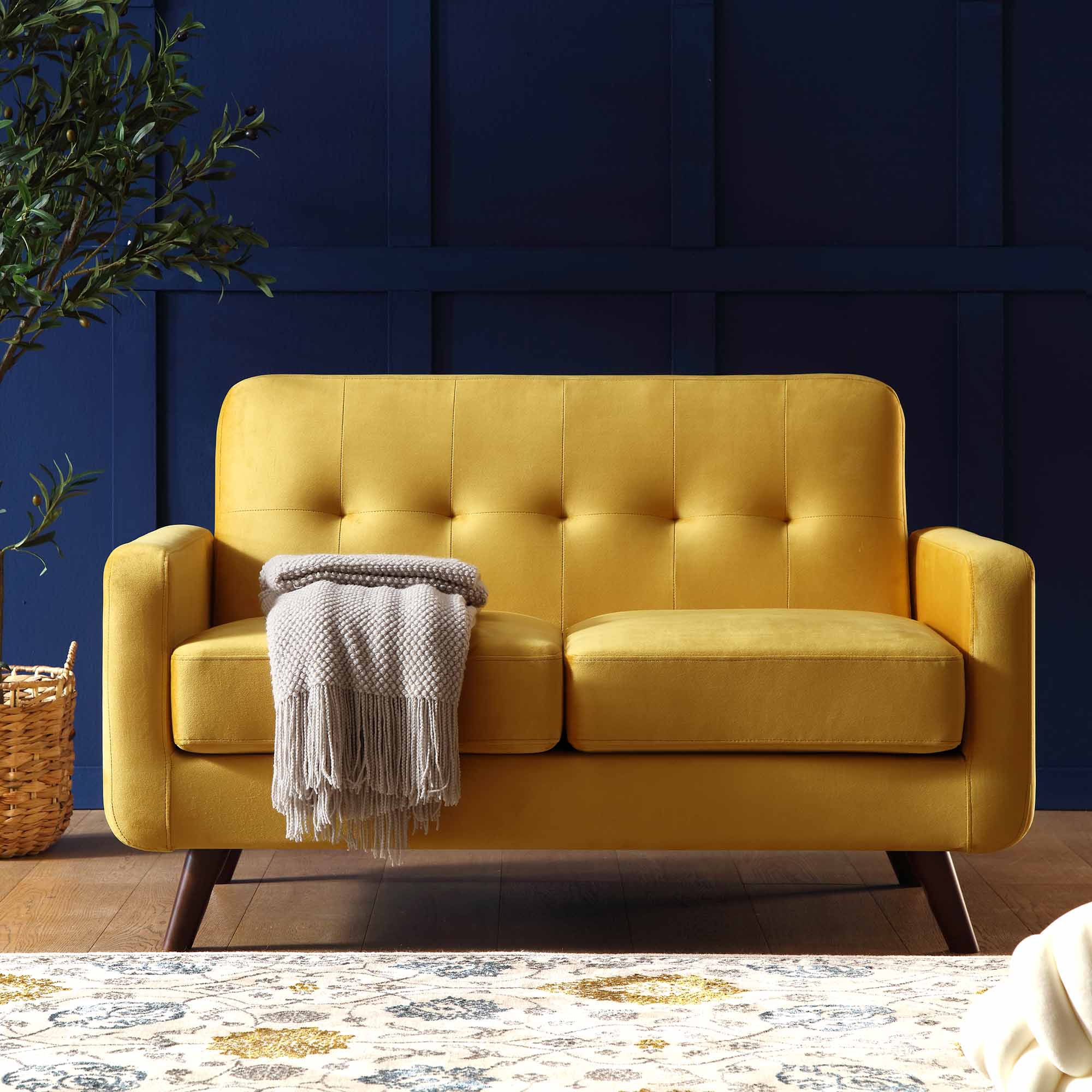 2-Seater Sofa in Mustard Yellow Velvet with Tufted Back