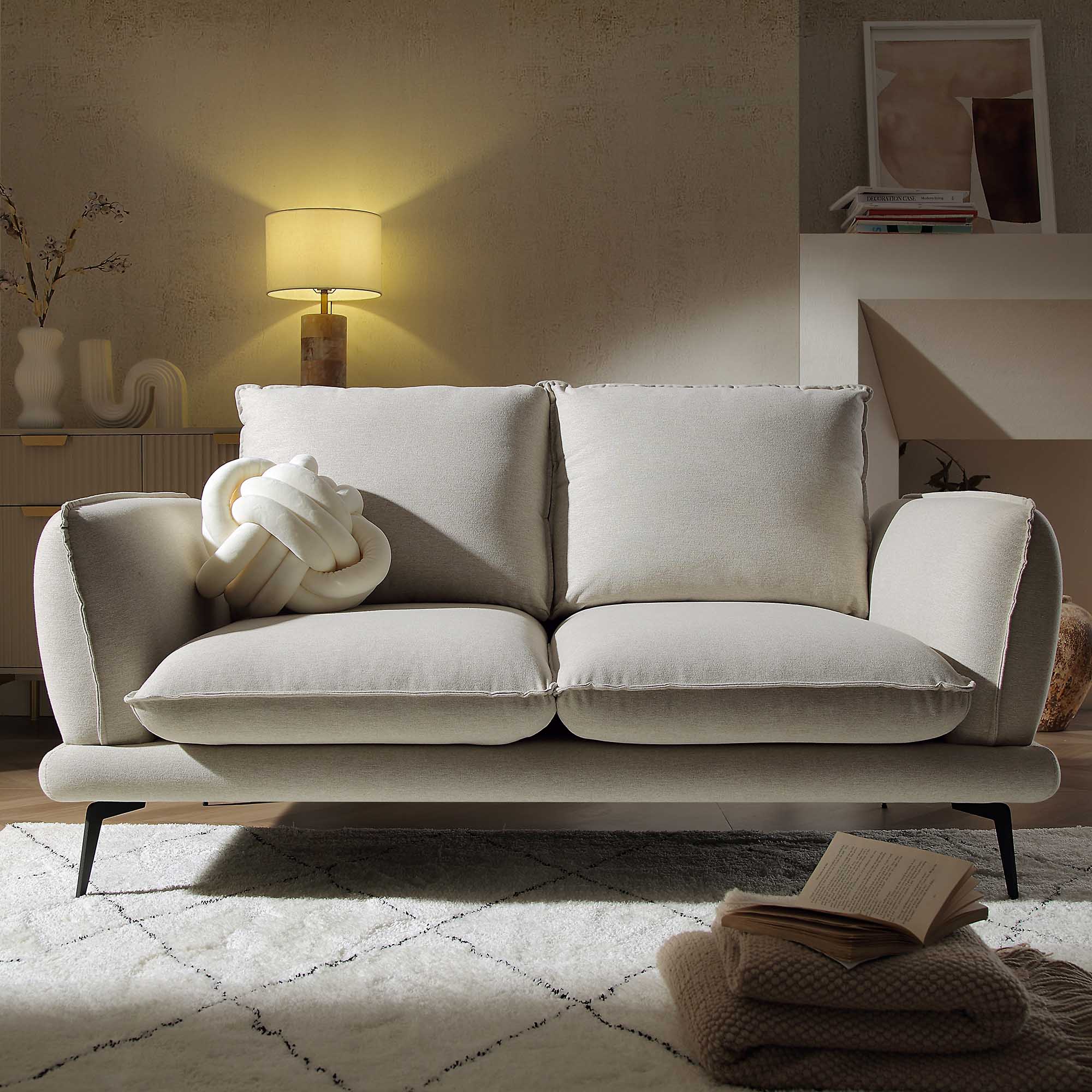 2-Seater Sofa in Oatmeal Fabric with Clean Lines