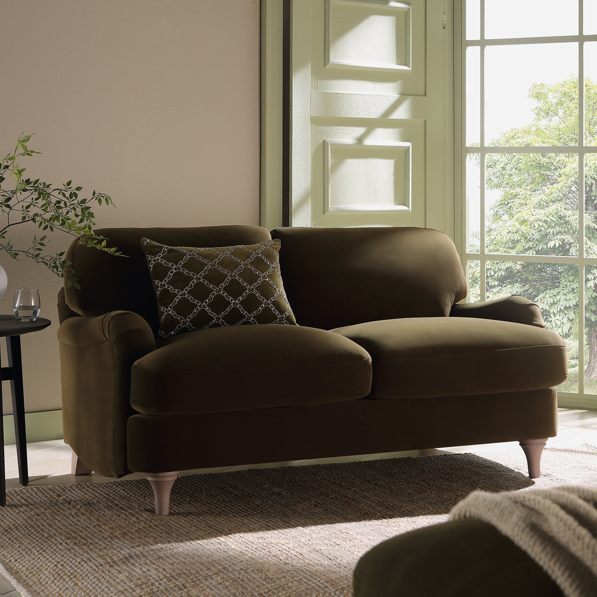 2-Seater Sofa in Seaweed Velvet with Curved Edges