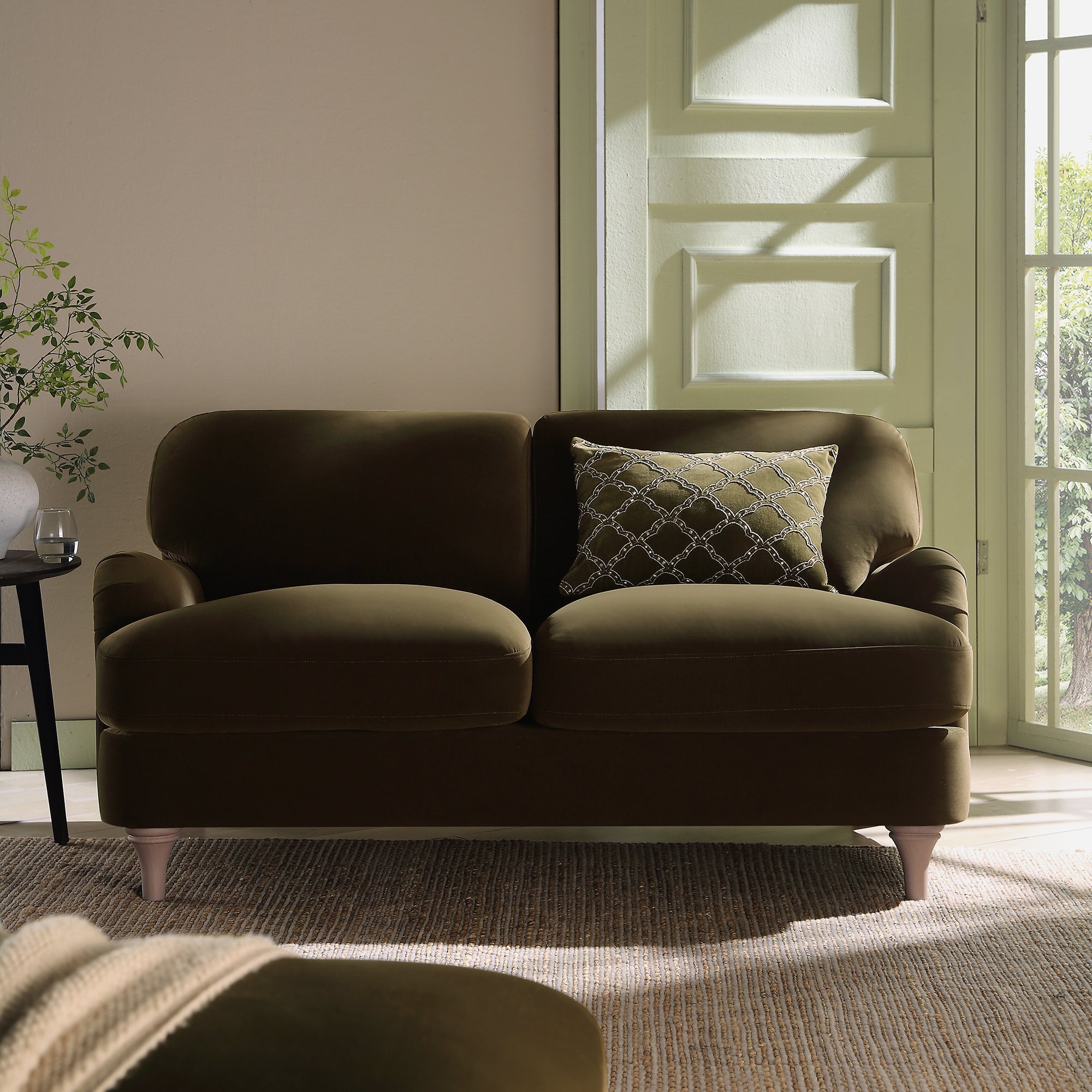 2-Seater Sofa in Seaweed Velvet with Curved Edges