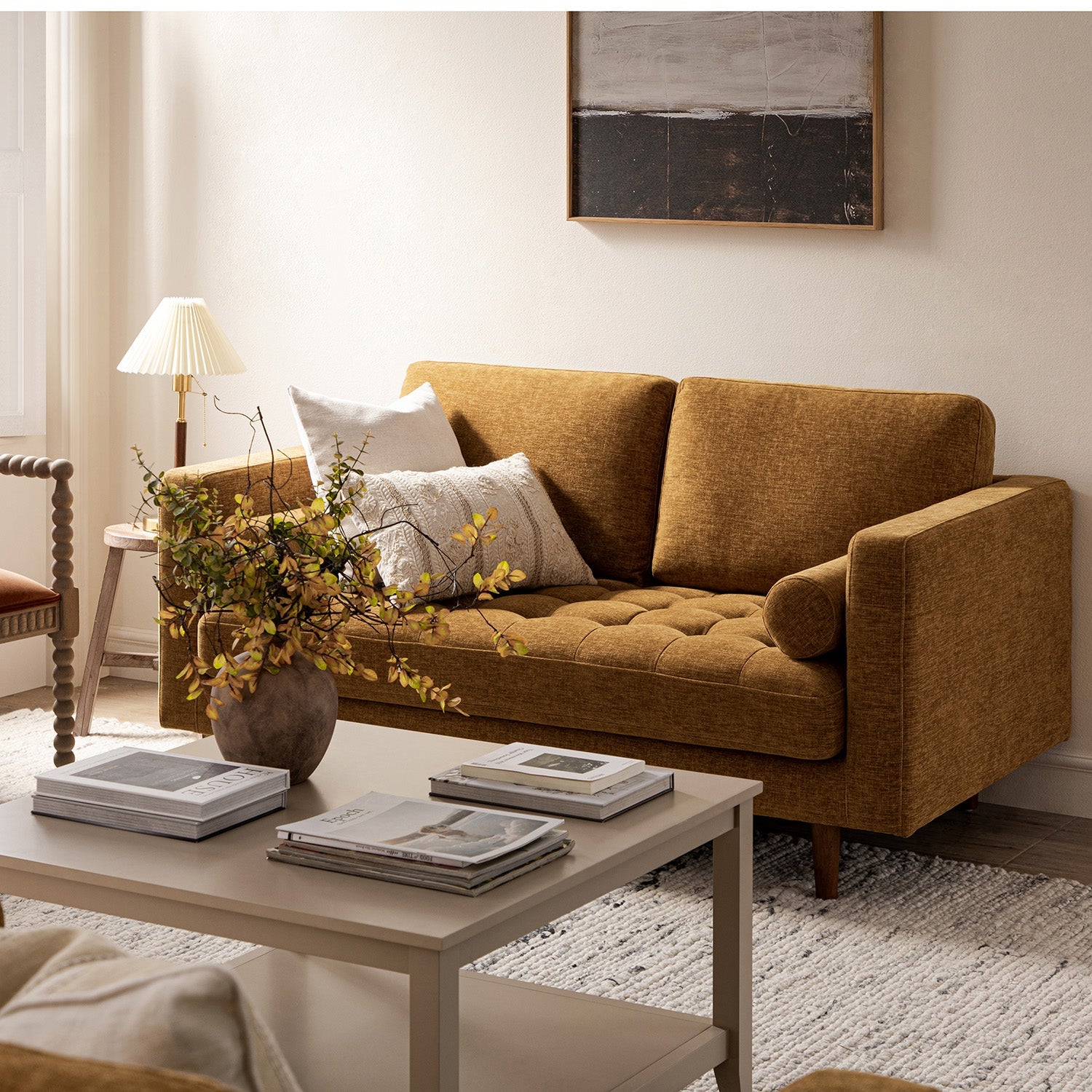 2-Seater Sofa in Spiced Honey Chenille with Curved Arms