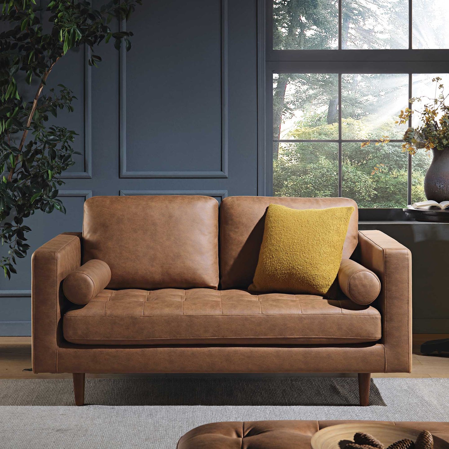 2-Seater Sofa in Tan Faux Suede with Contemporary Design