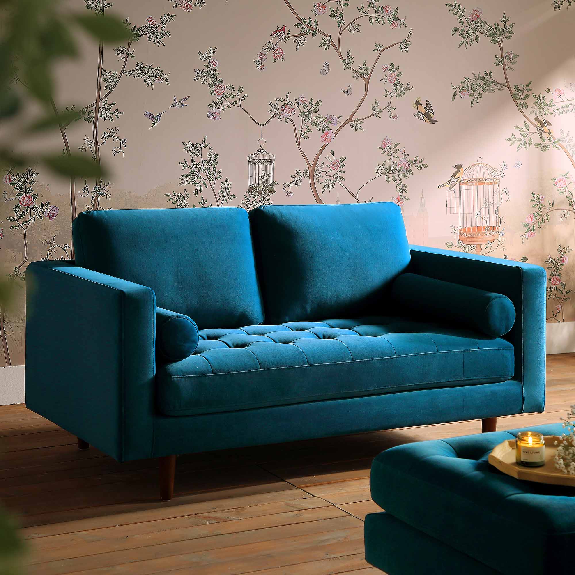 2-Seater Sofa in Teal Velvet with Elegant Curved Arms