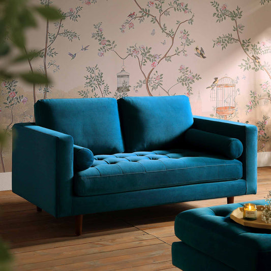 2-Seater Sofa in Teal Velvet with Elegant Curved Arms