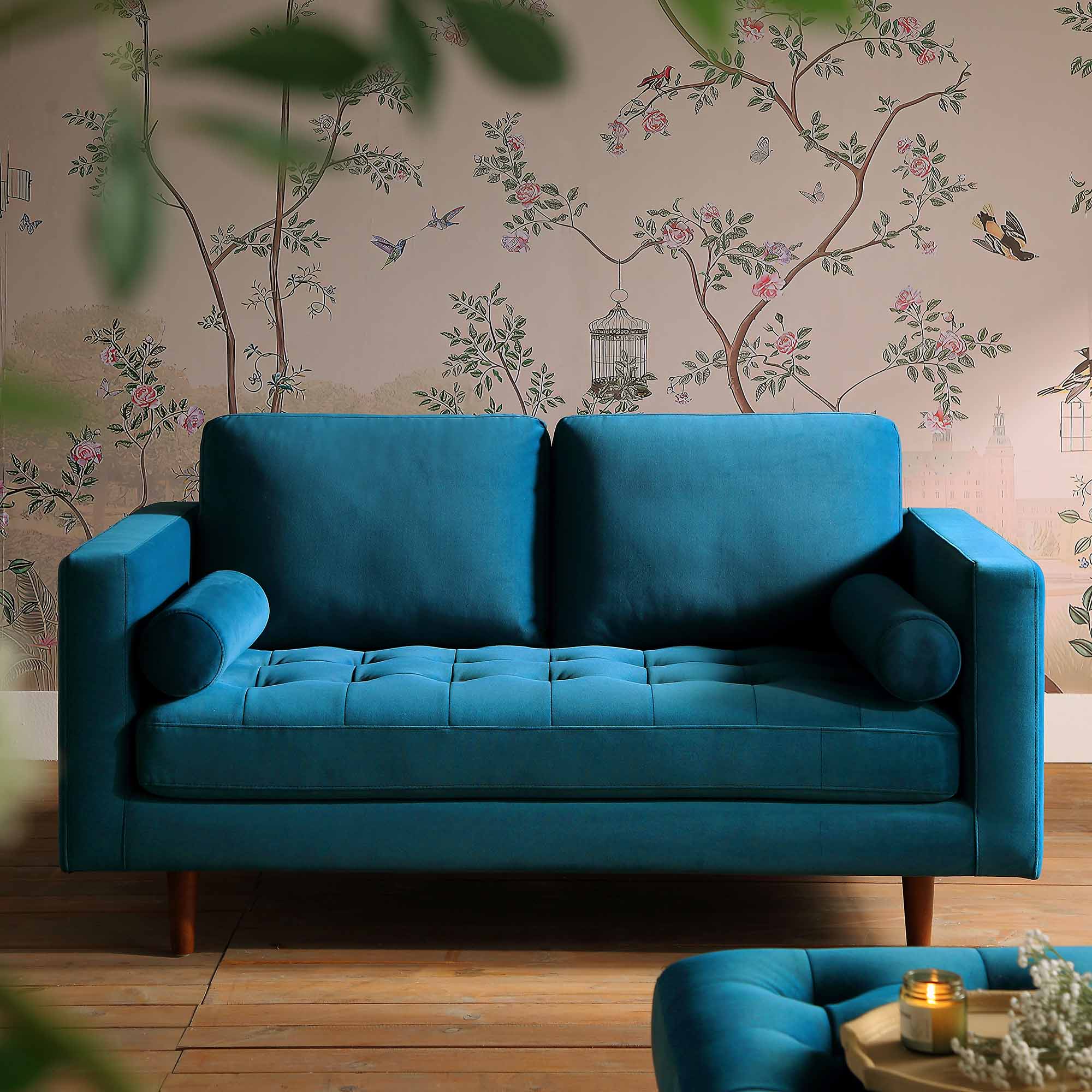 2-Seater Sofa in Teal Velvet with Elegant Curved Arms