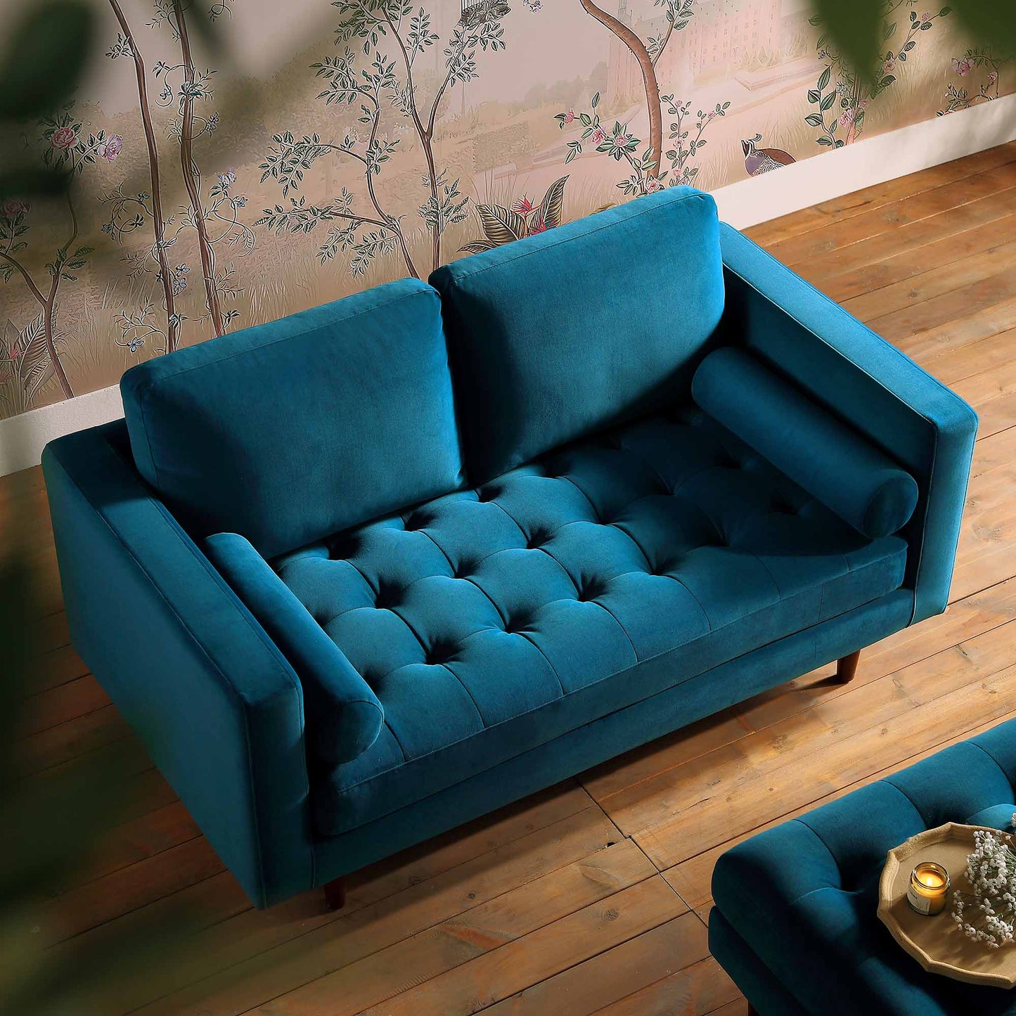 2-Seater Sofa in Teal Velvet with Elegant Curved Arms