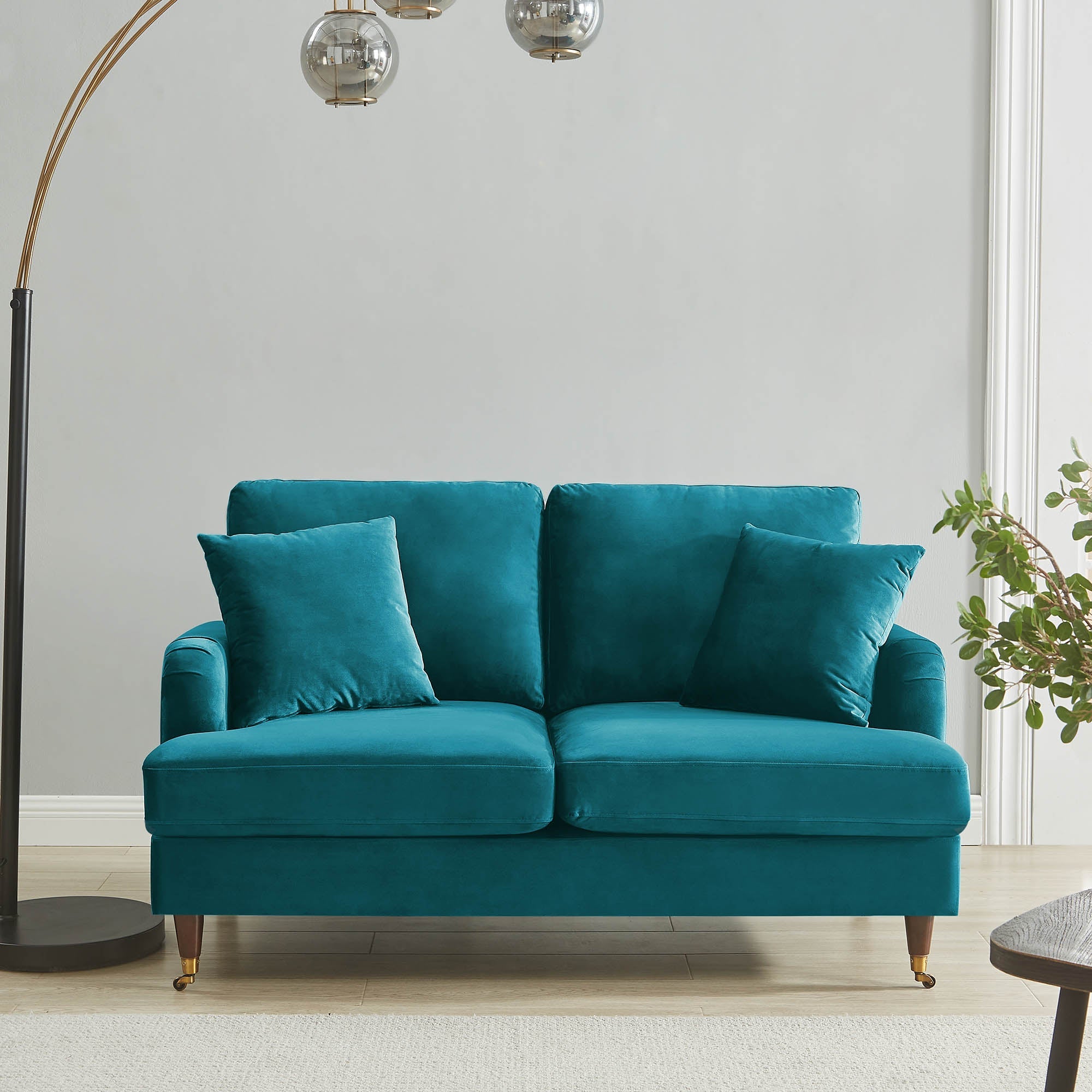 2-Seater Teal Velvet Sofa with Antique Brass Legs