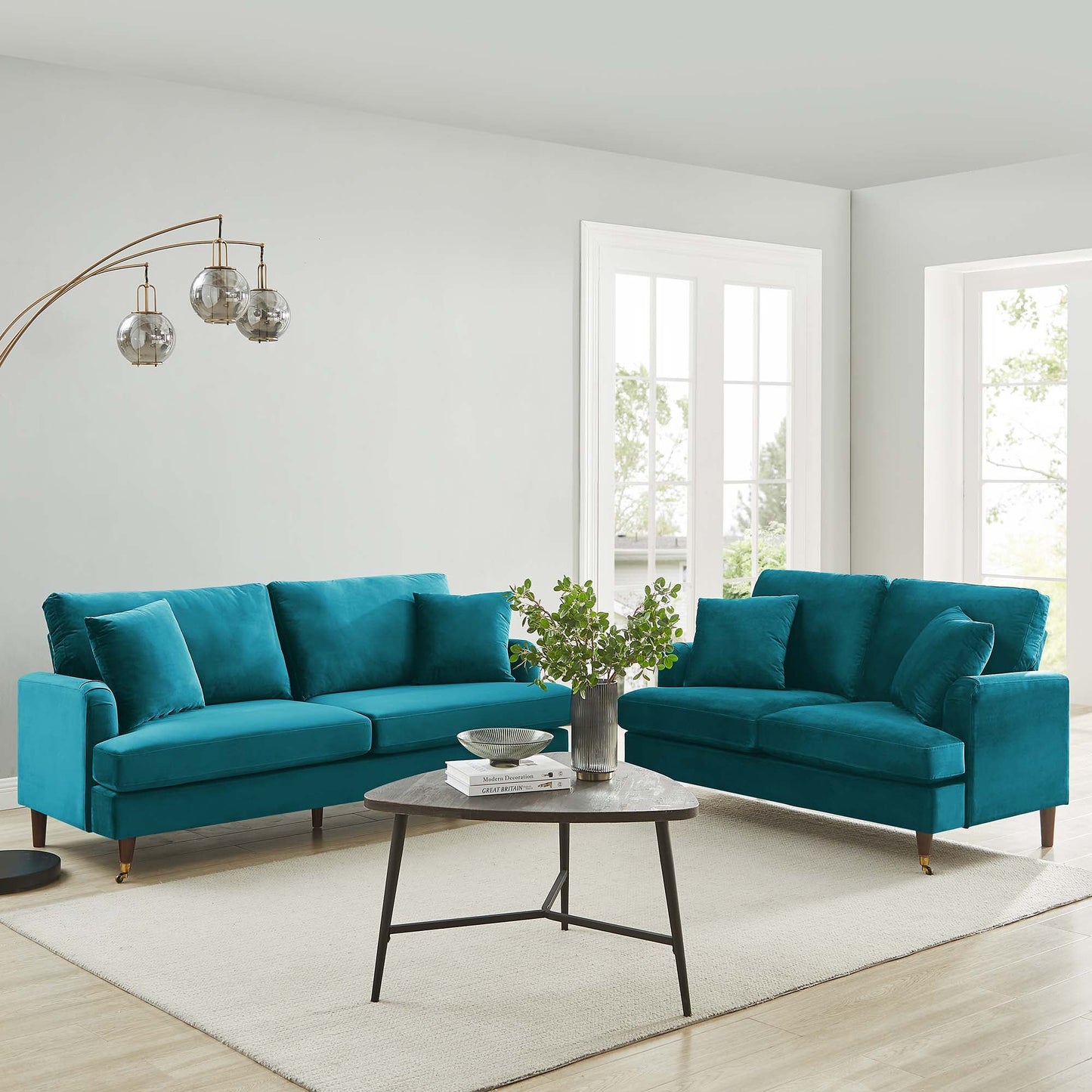 2-Seater Teal Velvet Sofa with Antique Brass Legs