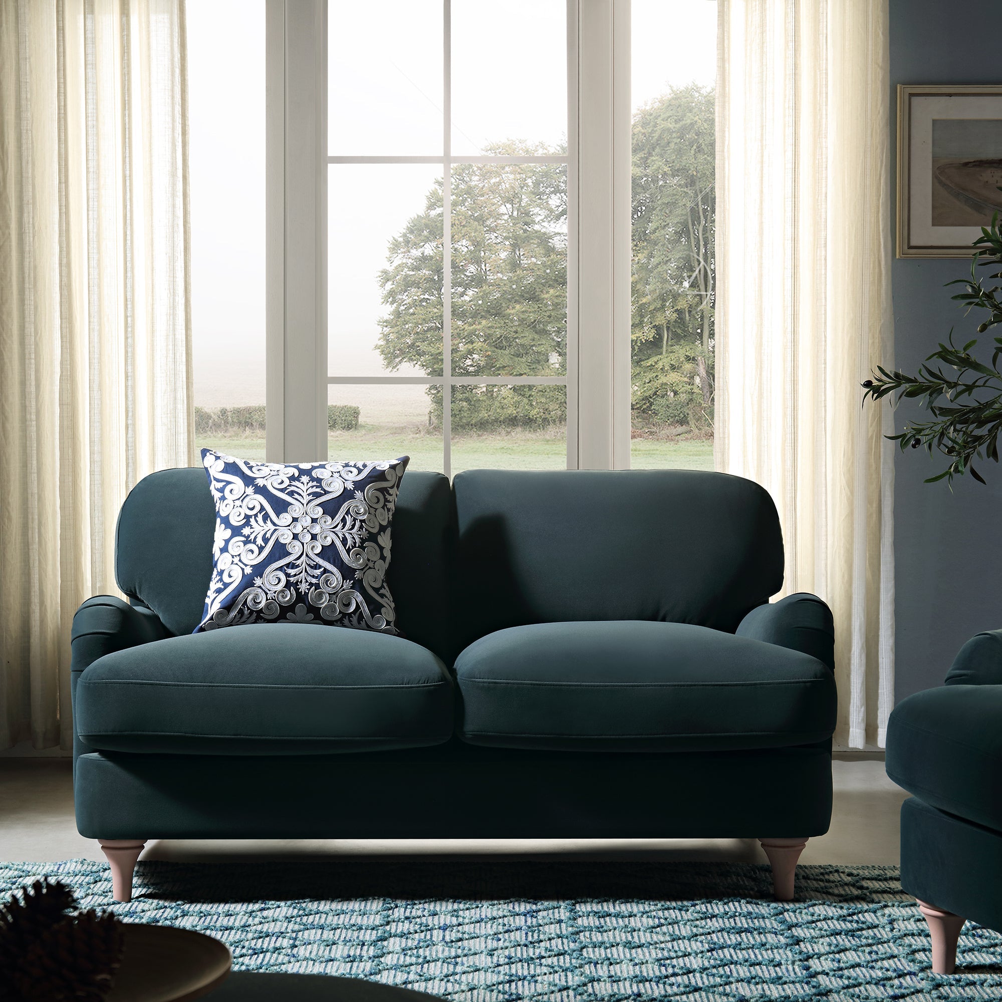 2-Seater Velvet Sofa in Aegean Blue with Sleek Lines