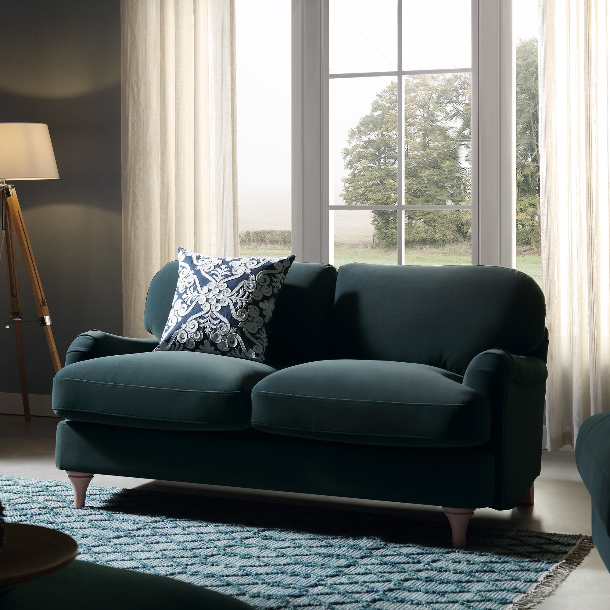 2-Seater Velvet Sofa in Aegean Blue with Sleek Lines